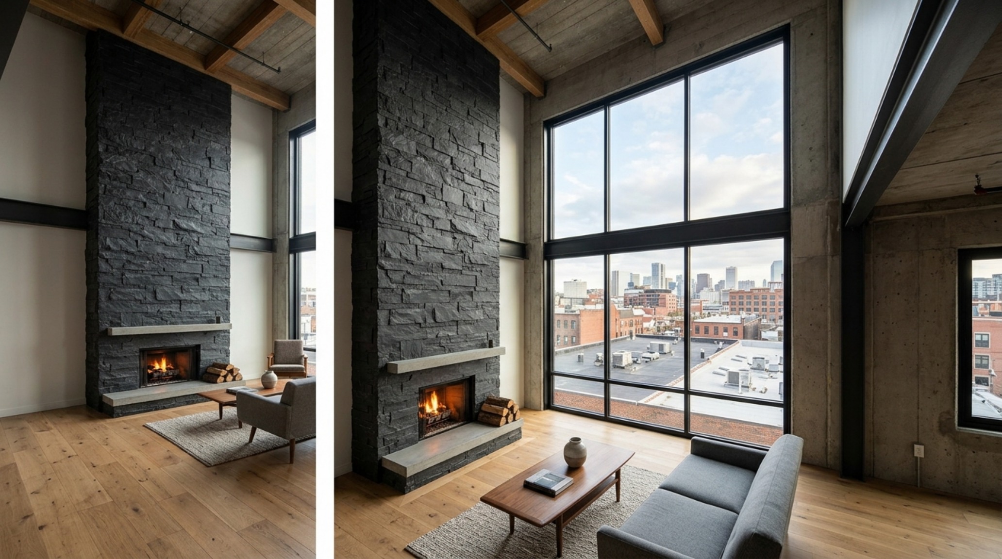 floor-to-ceiling stone fireplace veneer in a double-height Great Room utilizing vertical grain and shadow-gap architectural detailing floor-to-ceiling stone fireplace veneer in a double-height Great Room utilizing vertical grain and shadow-gap architectural detailing