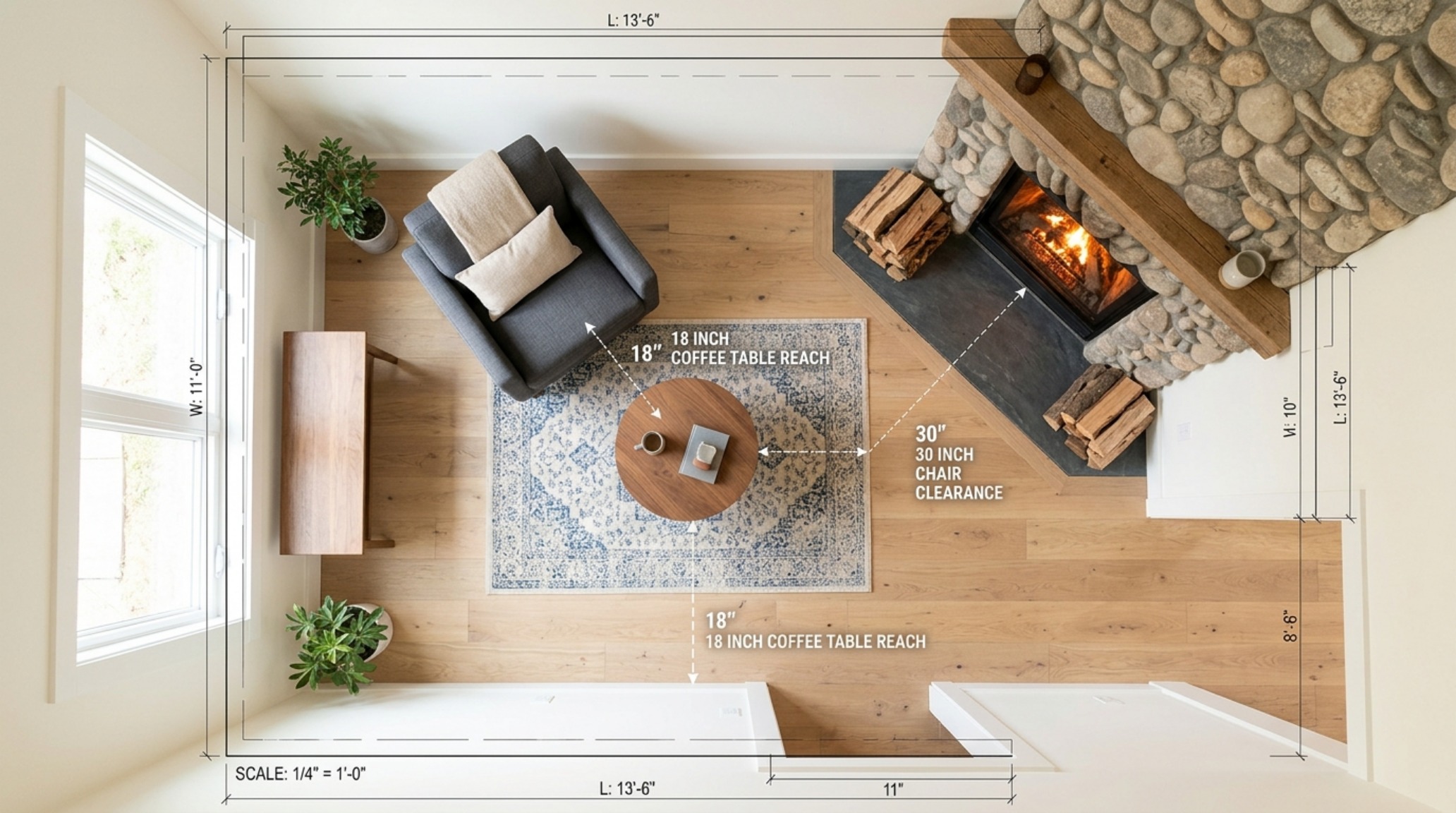 Small space corner stone fireplace with a flush-to-floor hearth and 36-inch circulation clearance in a curated scandinavian-inspired studio. Small space corner stone fireplace with a flush-to-floor hearth and 36-inch circulation clearance in a curated scandinavian-inspired studio.