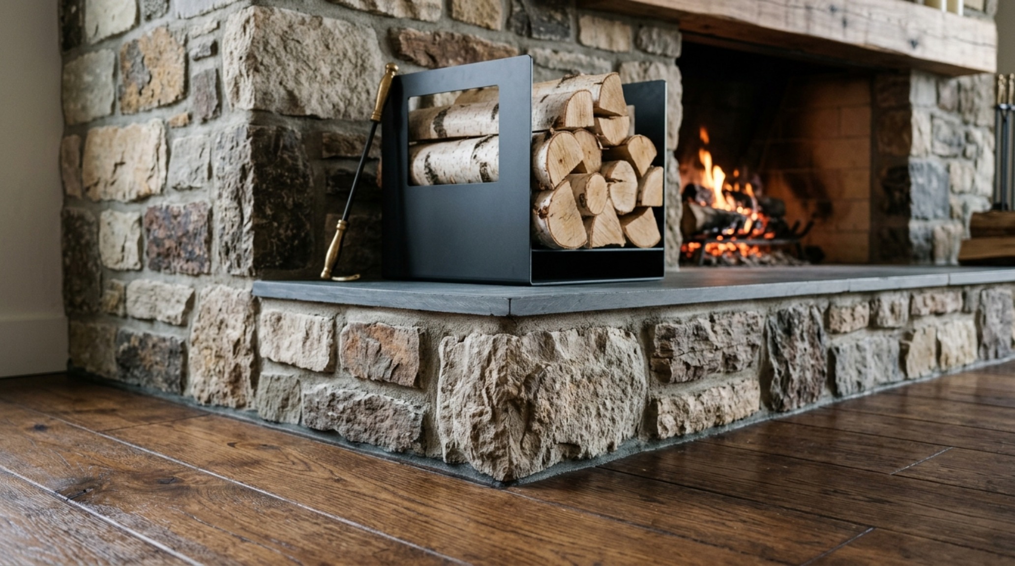 corner hearth masonry design featuring a flush-mount hearth transition between wide-plank oak flooring and honed basalt stone corner hearth masonry design featuring a flush-mount hearth transition between wide-plank oak flooring and honed basalt stone
