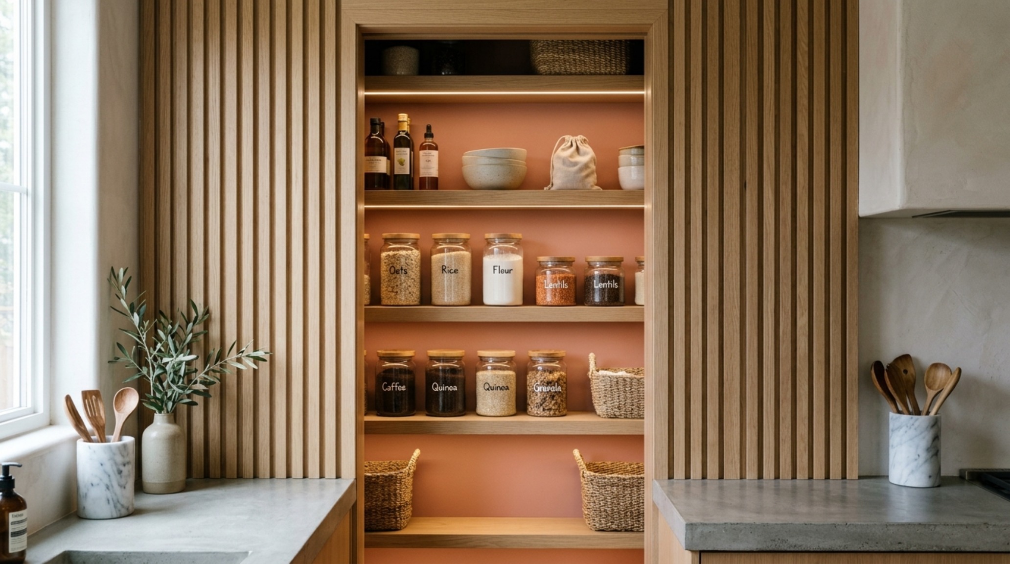 A boutique kitchen pantry featuring Farrow & Ball Dead Salmon pink walls and slatted white oak shelves with integrated warm LED lighting. A boutique kitchen pantry featuring Farrow & Ball Dead Salmon pink walls and slatted white oak shelves with integrated warm LED lighting.