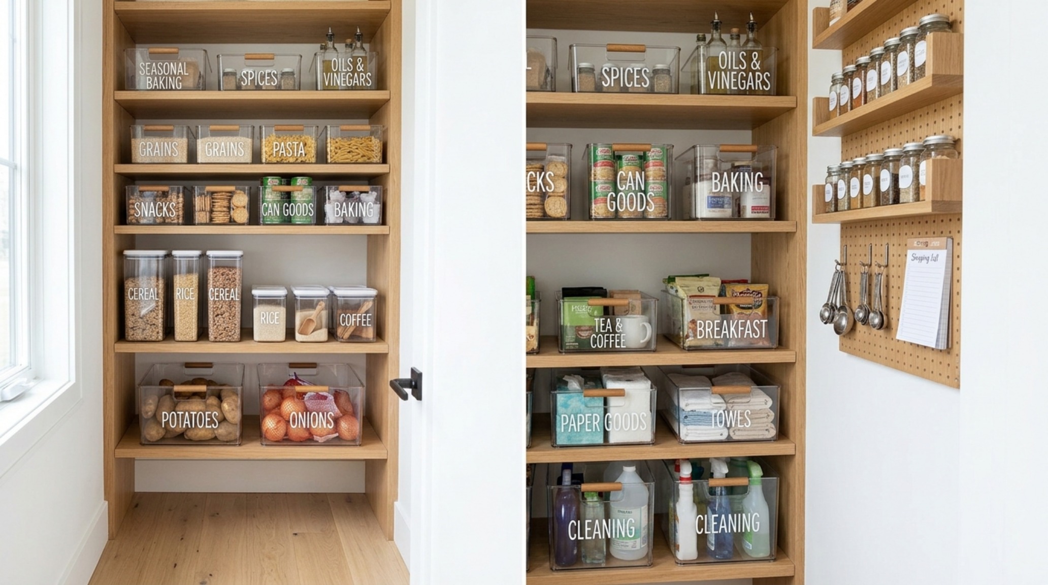 View of a narrow reach-in pantry utilizing vertical space with floor-to-ceiling shelving and a rolling library ladder for accessibility. View of a narrow reach-in pantry utilizing vertical space with floor-to-ceiling shelving and a rolling library ladder for accessibility.