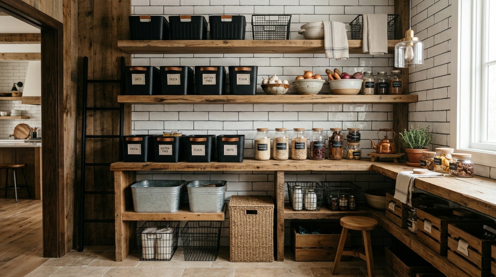 Tactile kitchen materials including a white oak slatted wall and a small coffee station nook built into a luxury pantry layout. Tactile kitchen materials including a white oak slatted wall and a small coffee station nook built into a luxury pantry layout.