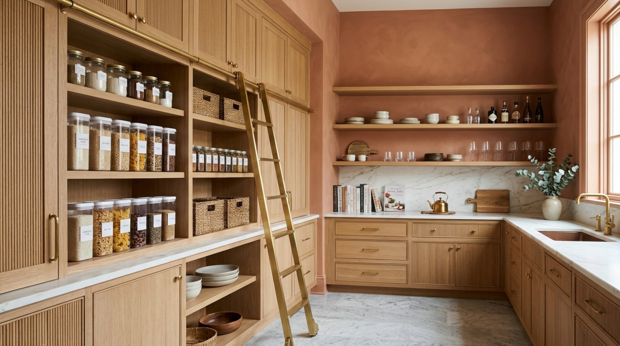 Editorial shot of a walk-in pantry with a large window providing natural daylight, featuring a central butcher block island for food prep. Editorial shot of a walk-in pantry with a large window providing natural daylight, featuring a central butcher block island for food prep.