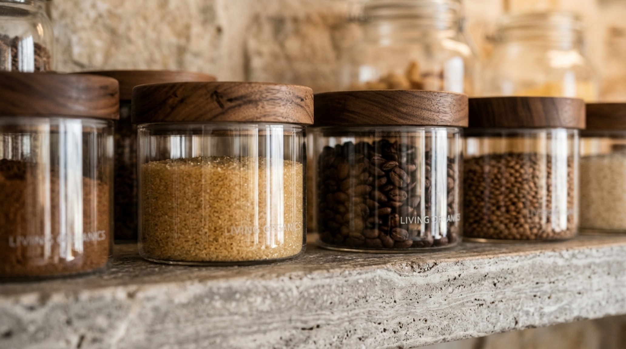 Close-up of organized glass decanting jars with walnut lids on a honed travertine pantry shelf under soft 2700K lighting. Close-up of organized glass decanting jars with walnut lids on a honed travertine pantry shelf under soft 2700K lighting.