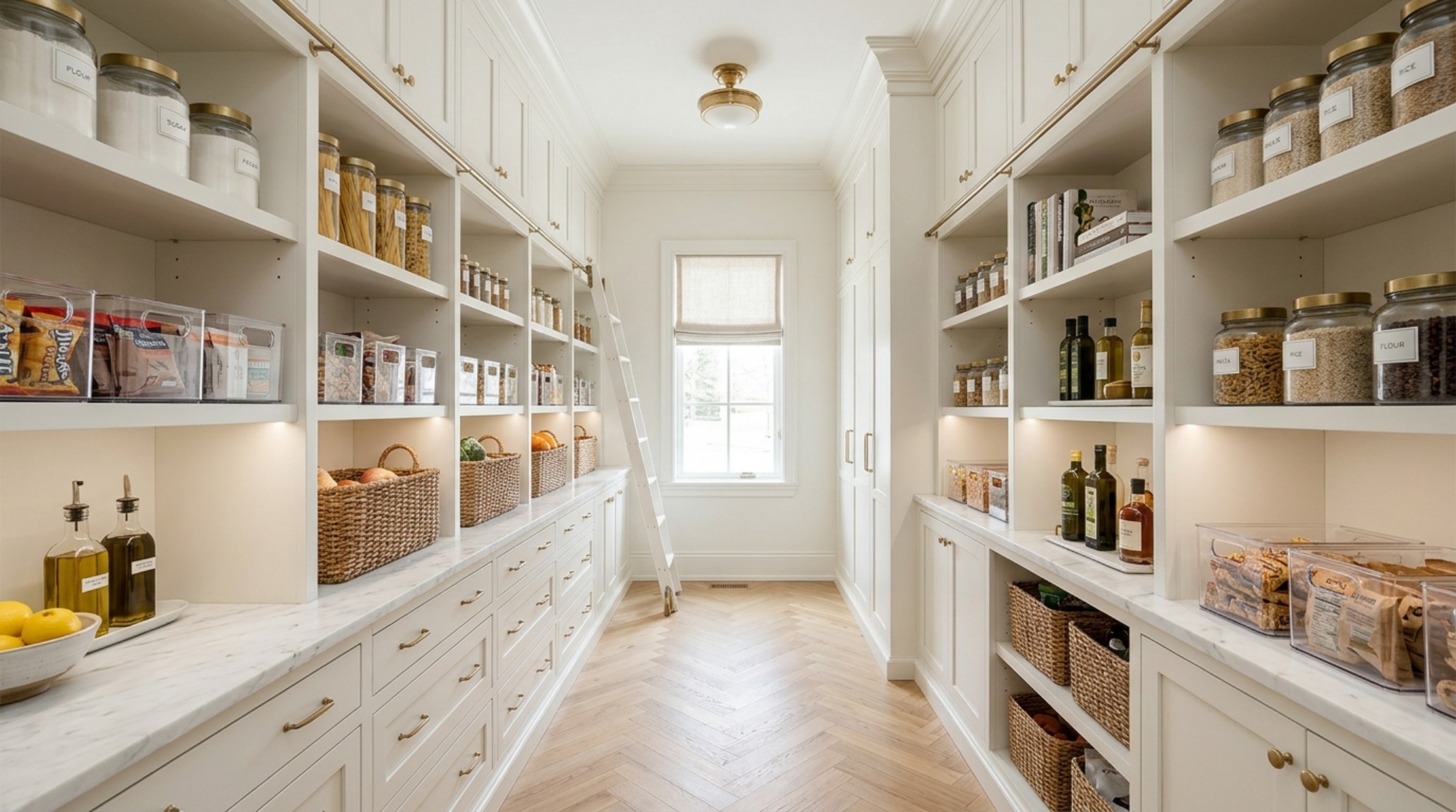 A wide-angle view of a small walk-in pantry with a 36-inch walkway, custom cabinetry, and high-end storage bins illustrating small pantry organization ideas. A wide-angle view of a small walk-in pantry with a 36-inch walkway, custom cabinetry, and high-end storage bins illustrating small pantry organization ideas.