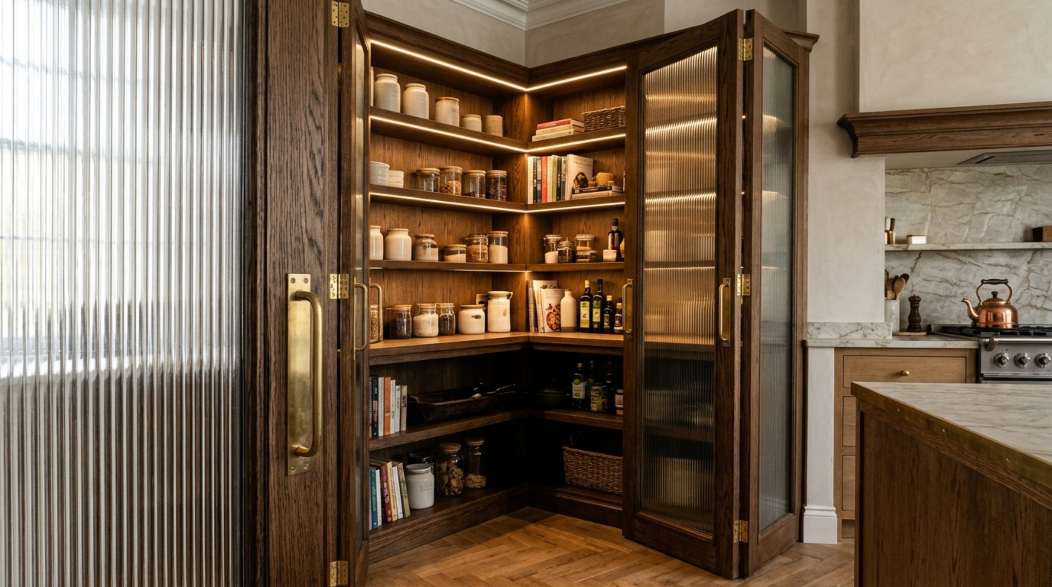 Architectural detail of a corner pantry solution using fluted glass doors and brass hardware to elevate kitchen storage solutions. Architectural detail of a corner pantry solution using fluted glass doors and brass hardware to elevate kitchen storage solutions.