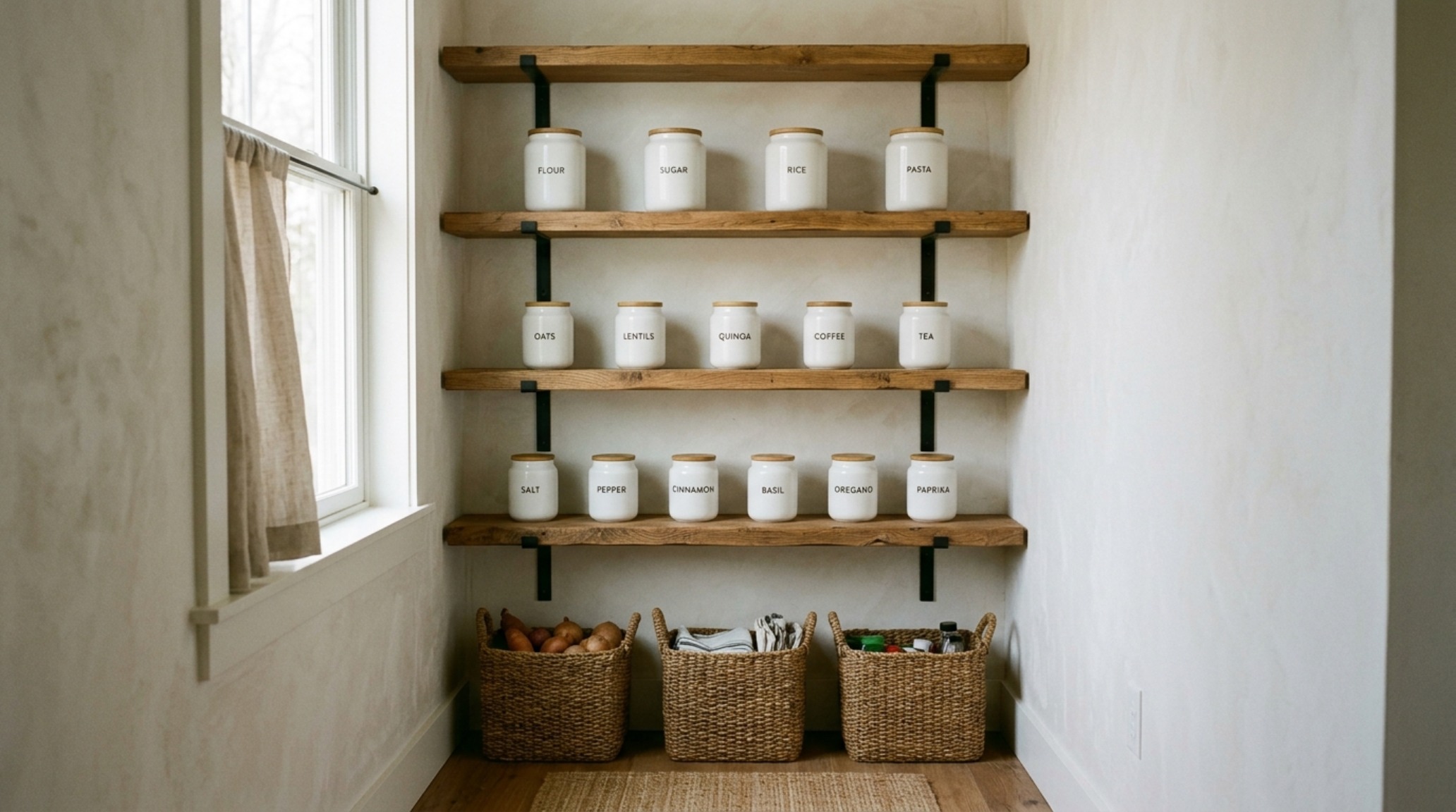 Symmetrical pantry layout showing clear acrylic storage bins and woven baskets on minimalist floating shelves with a warm beige backdrop. Symmetrical pantry layout showing clear acrylic storage bins and woven baskets on minimalist floating shelves with a warm beige backdrop.