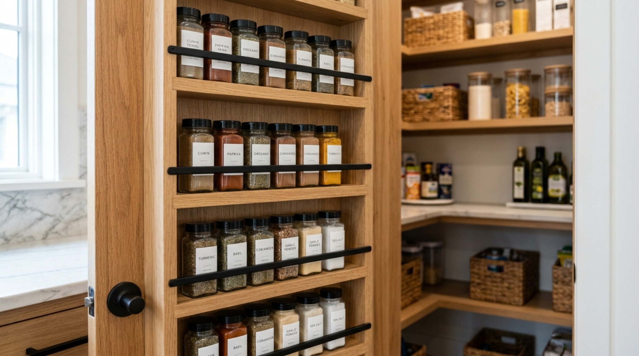 Interior view of a pantry door featuring a custom-built spice rack in light oak, showcasing ergonomic kitchen organization hacks. Interior view of a pantry door featuring a custom-built spice rack in light oak, showcasing ergonomic kitchen organization hacks.