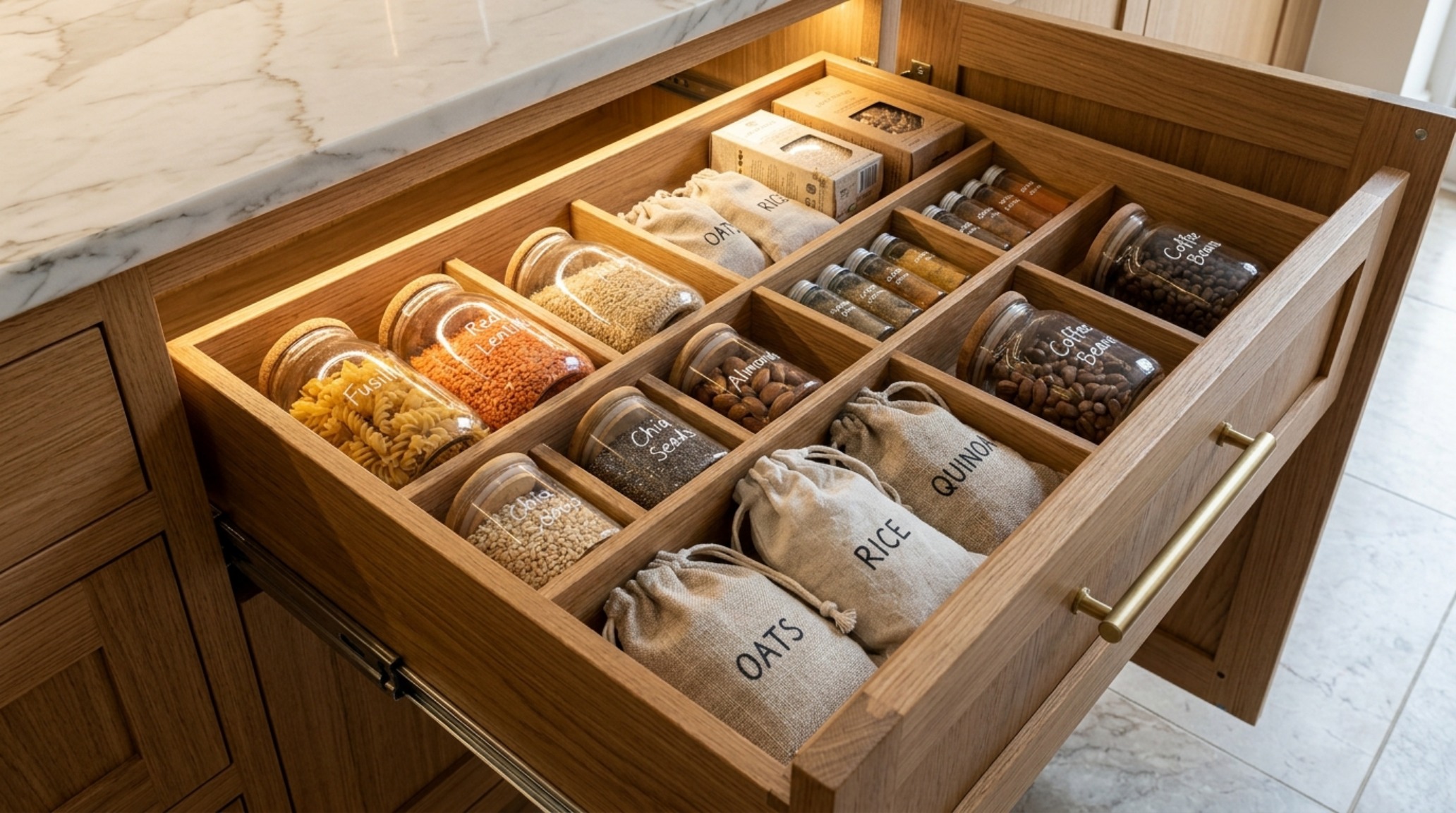 Luxurious pantry drawer system with dividers for linens and silver, featuring velvet lining and integrated motion-sensor lighting. Luxurious pantry drawer system with dividers for linens and silver, featuring velvet lining and integrated motion-sensor lighting.