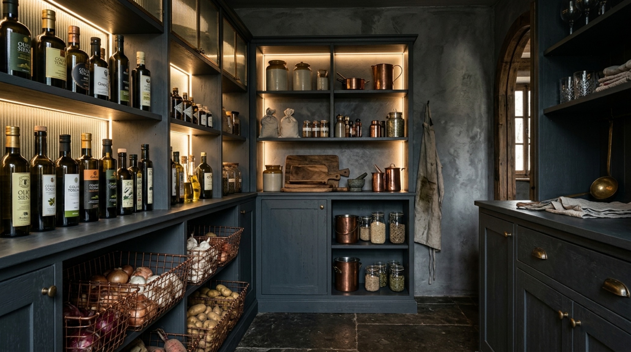 Modern pantry aesthetic featuring dark charcoal cabinetry, brass wire baskets, and textured limewash walls for a moody kitchen design. Modern pantry aesthetic featuring dark charcoal cabinetry, brass wire baskets, and textured limewash walls for a moody kitchen design.