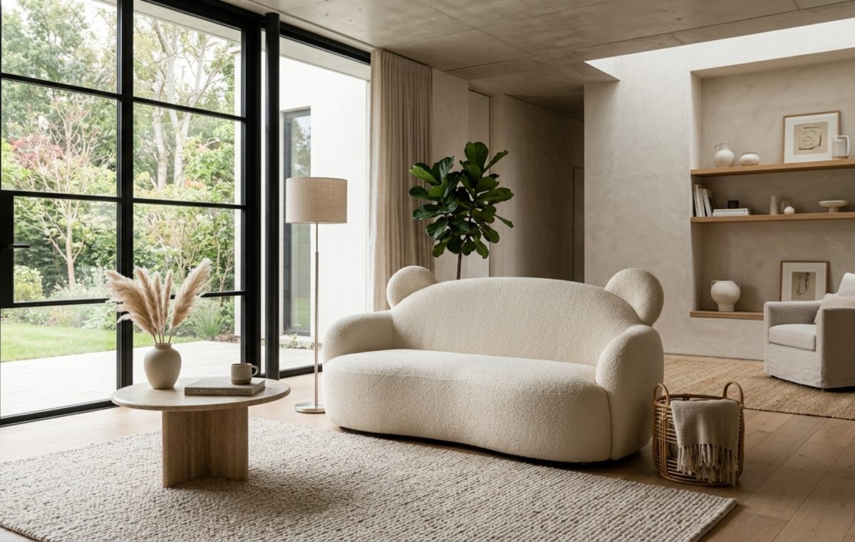 A sculptural cream-colored bear sofa in a sun-drenched living room with minimalist white walls and high-end architectural clearances.