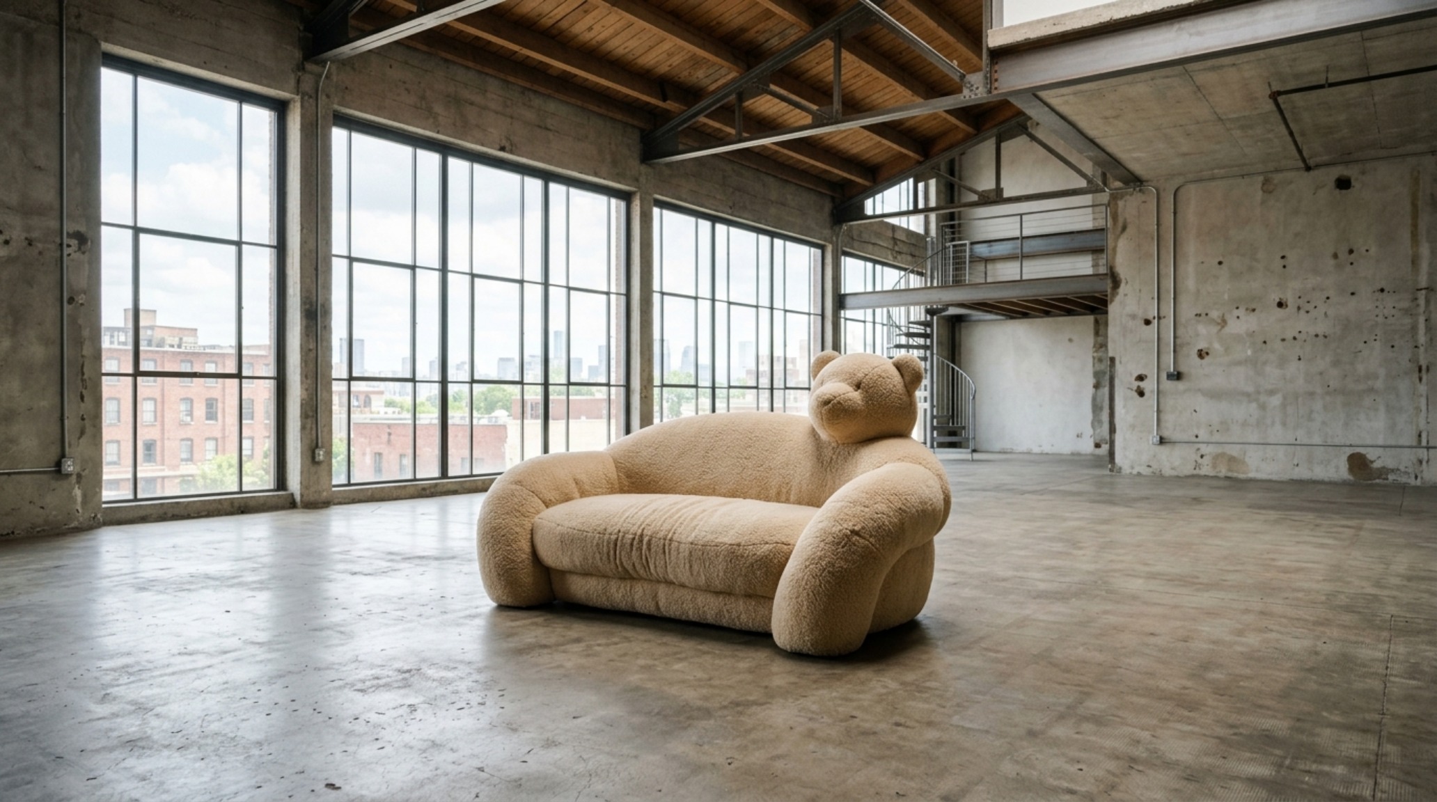 Luxury lounge area showing the 'to-the-floor' profile of a bear sofa, emphasizing its sculptural visual weight and grounding.
