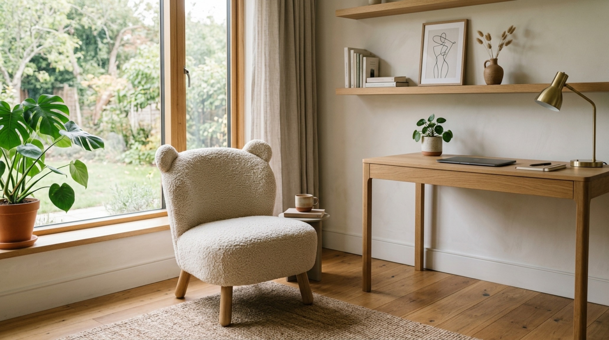 Minimalist interior featuring a white bear sofa that acts as a focal point in a space with high ceilings and floor-to-ceiling windows.
