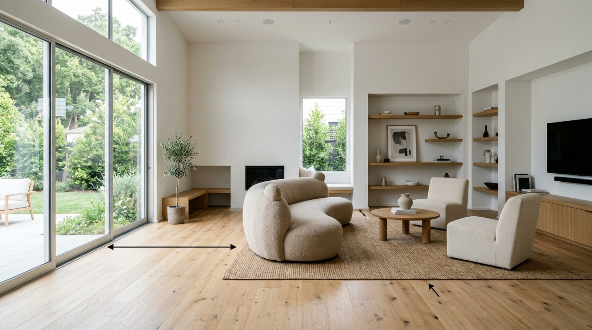Living room layout featuring a central bear sofa with 36-inch walkway clearances and a low-profile travertine coffee table.