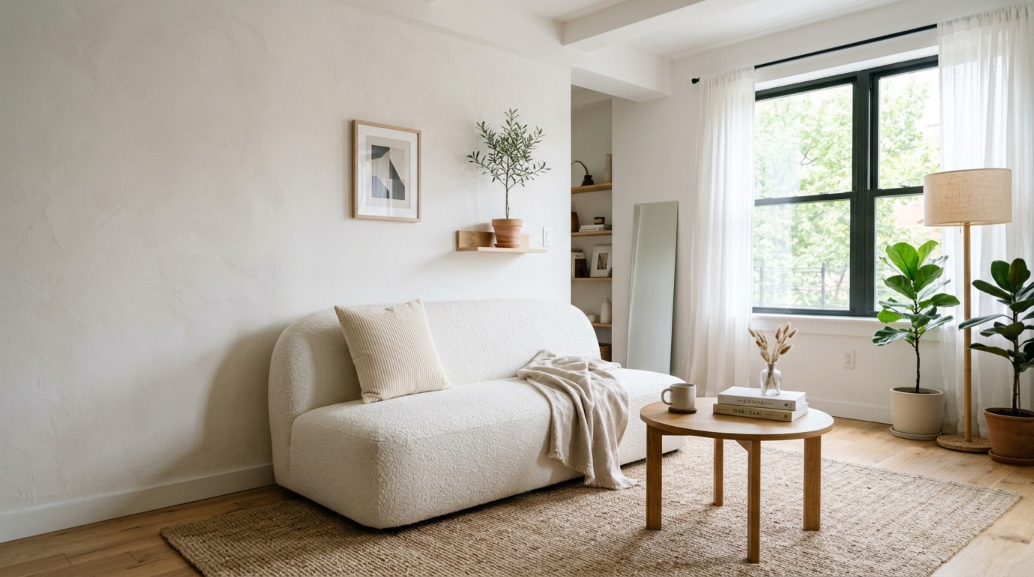 Small apartment living area showing how a low-profile cozy sofa looks like a bear decor ideas can open up the spatial flow.