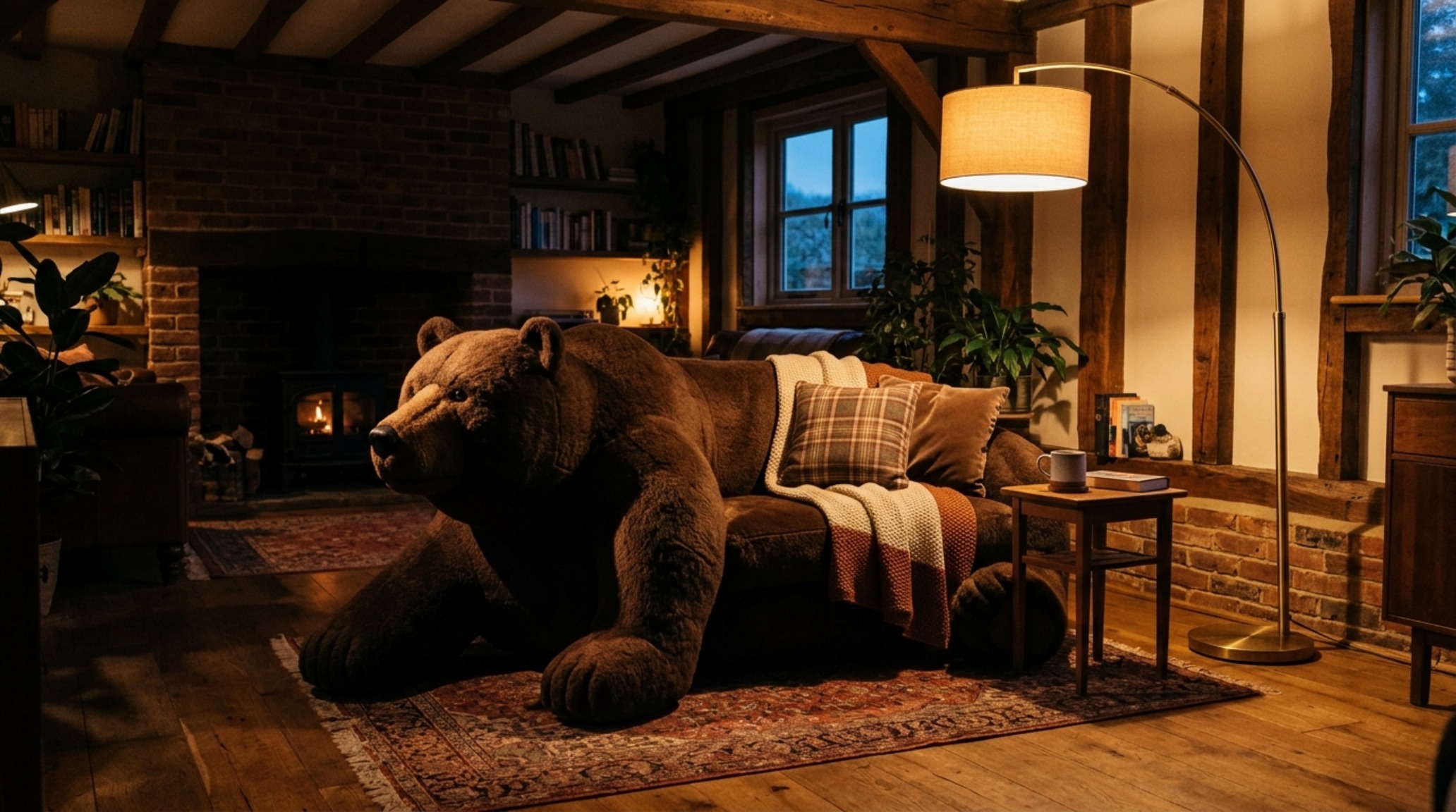 Evening scene of a bear sofa illuminated by 2700K warm floor lamps, emphasizing the organic curves and deep texture.