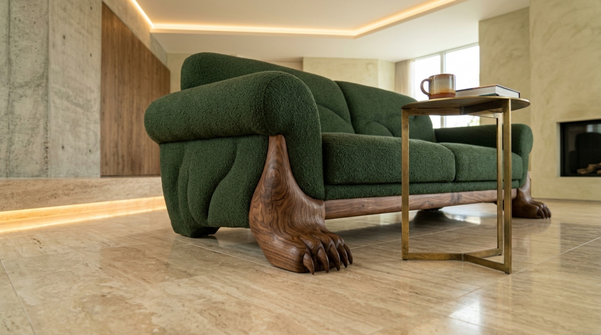 Detail view of a bear sofa's 'paws' resting on a wide-plank oak floor with a minimalist side table for ergonomic reach.