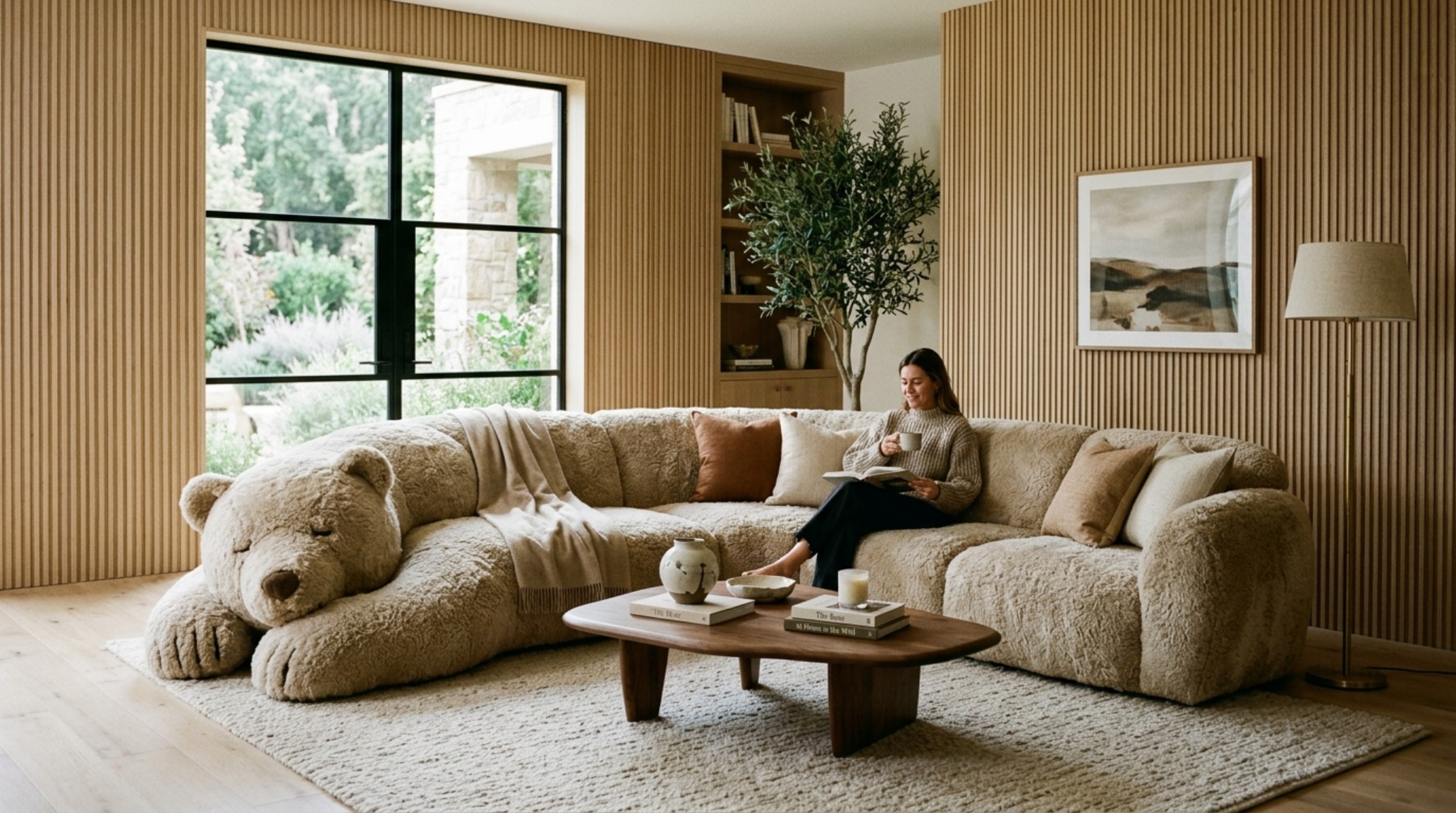 Modernist living room with a large bear-shaped sectional in oatmeal bouclé, paired with fluted oak wall panels and a high-CRI light fixture.