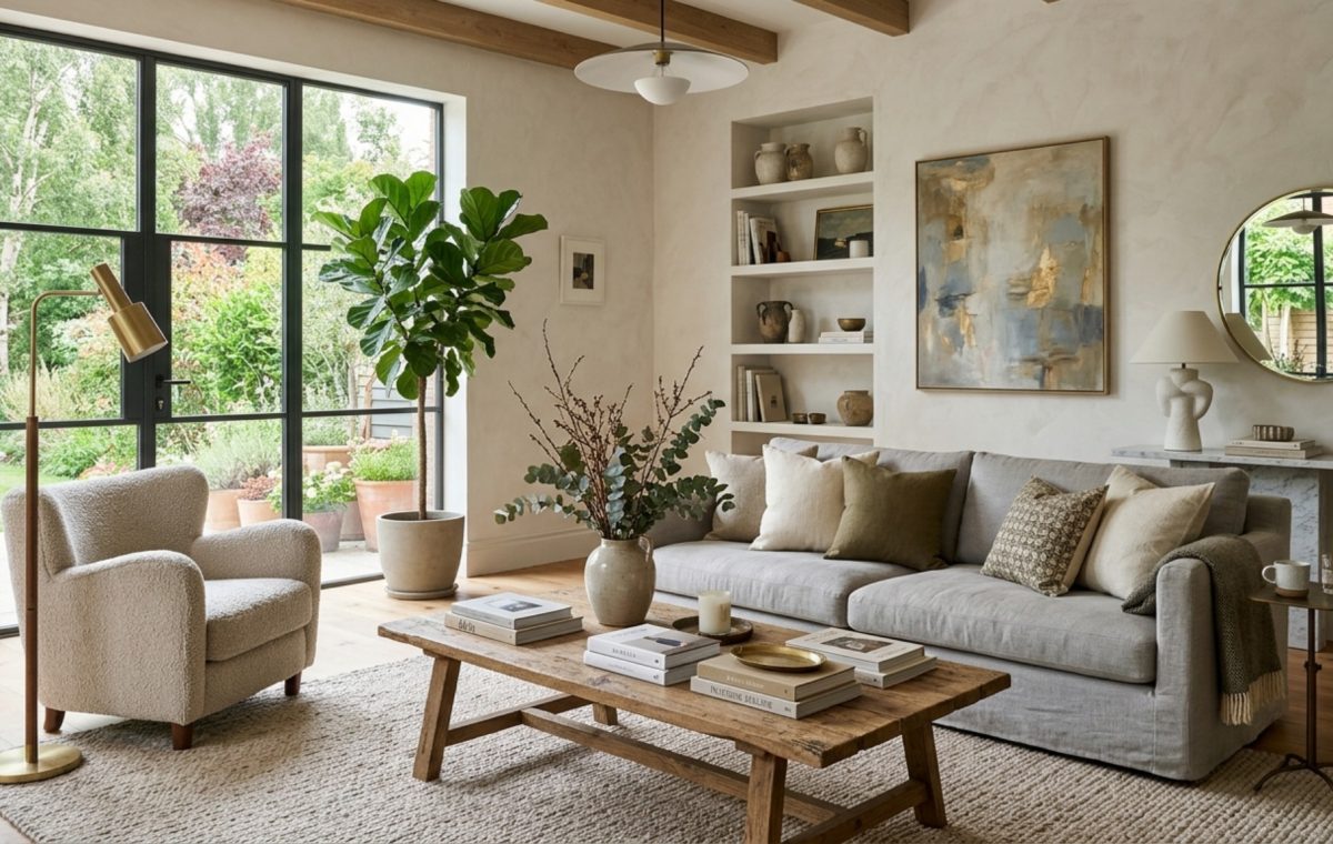 High-end interior design visual depicting living room floating shelves ideas