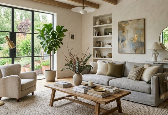 High-end interior design visual depicting living room floating shelves ideas