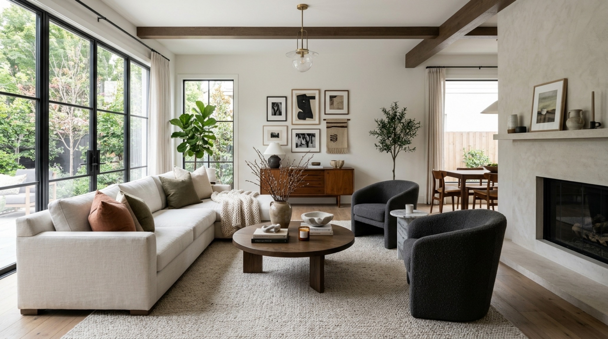 High-end interior design visual depicting living room floating shelves ideas