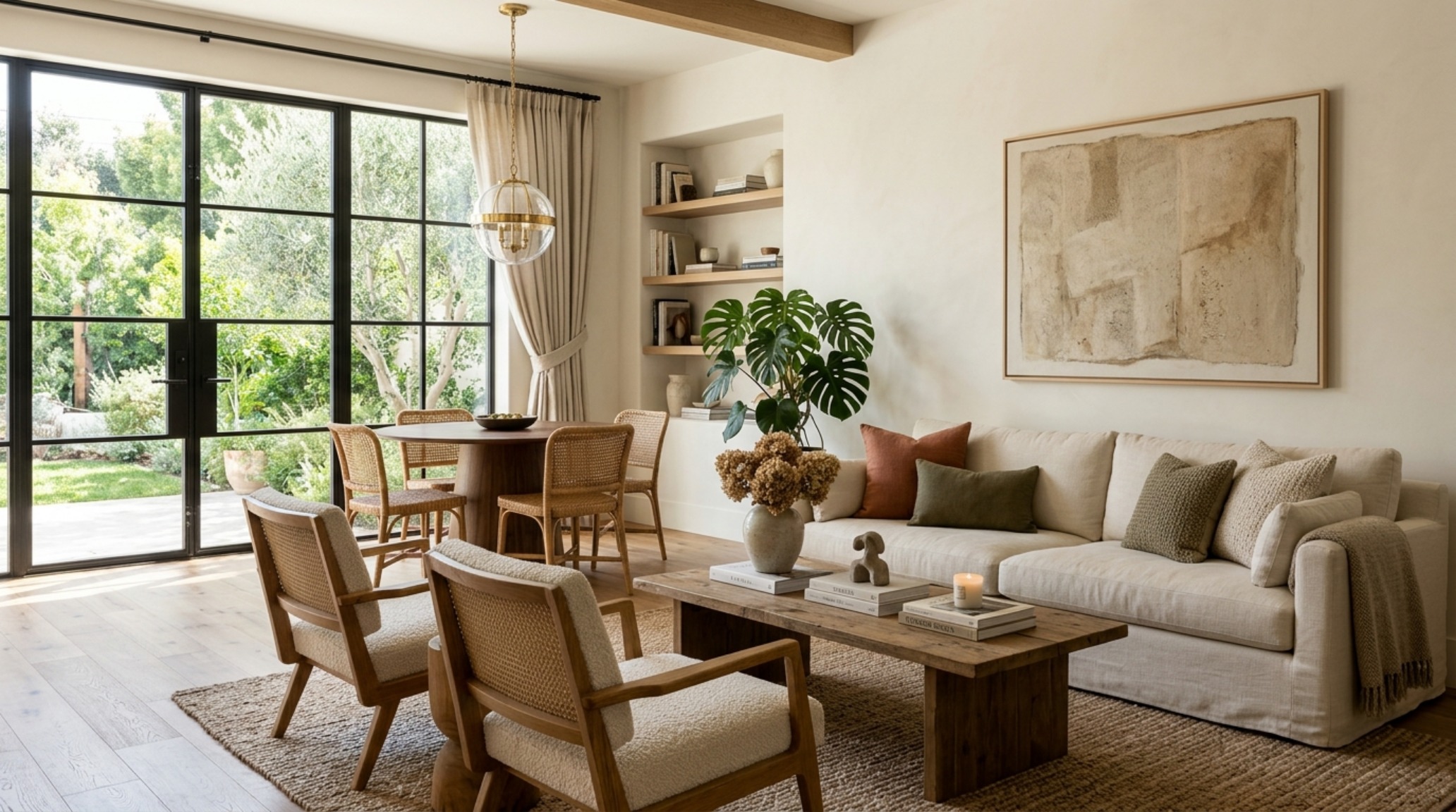 High-end interior design visual depicting living room floating shelves ideas