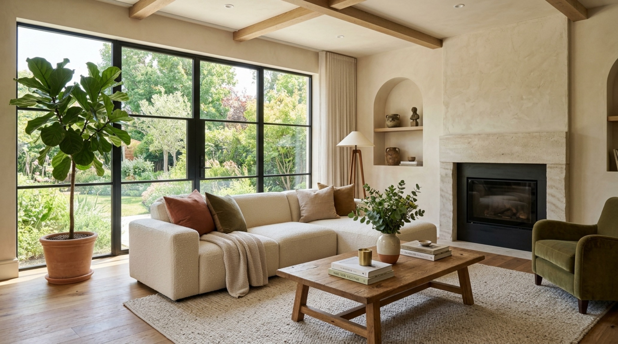 High-end interior design visual depicting living room floating shelves ideas