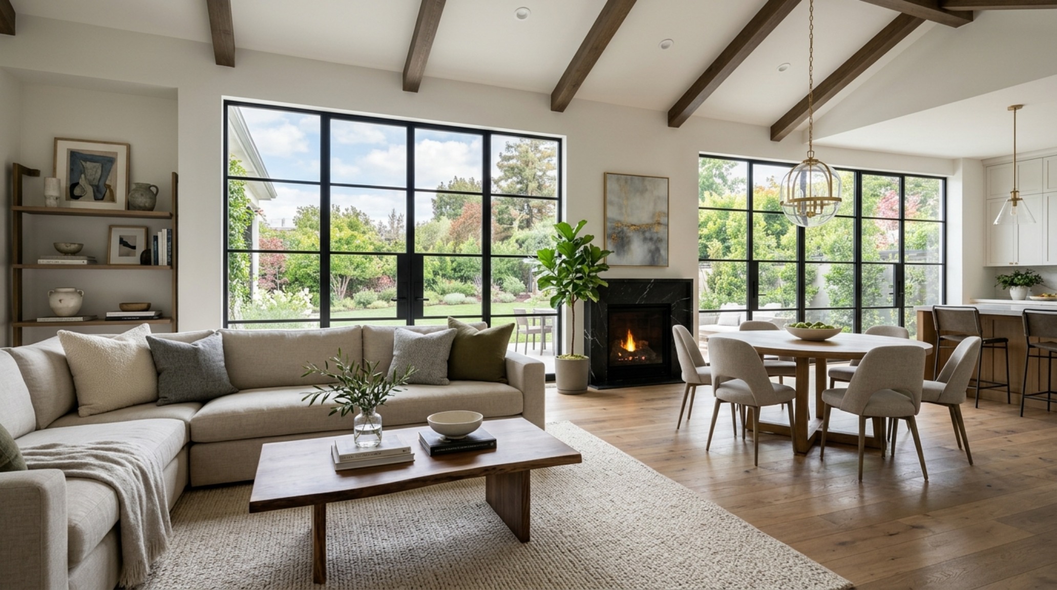 High-end interior design visual depicting living room floating shelves ideas