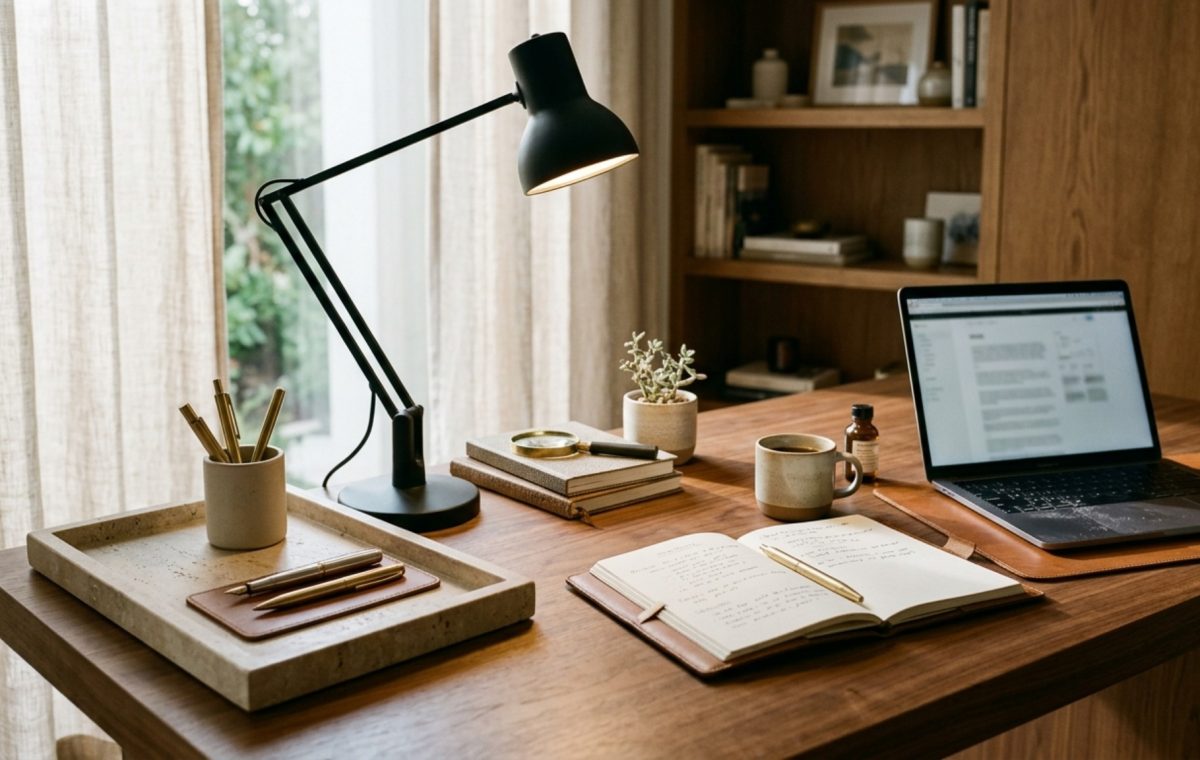 Aesthetic office decor and organization featuring a honed travertine desk tray with brass accessories and a matte black task lamp on a white oak surface.