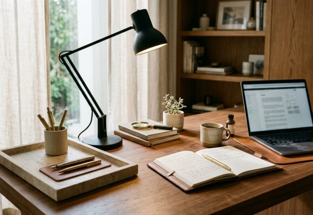 Aesthetic office decor and organization featuring a honed travertine desk tray with brass accessories and a matte black task lamp on a white oak surface.