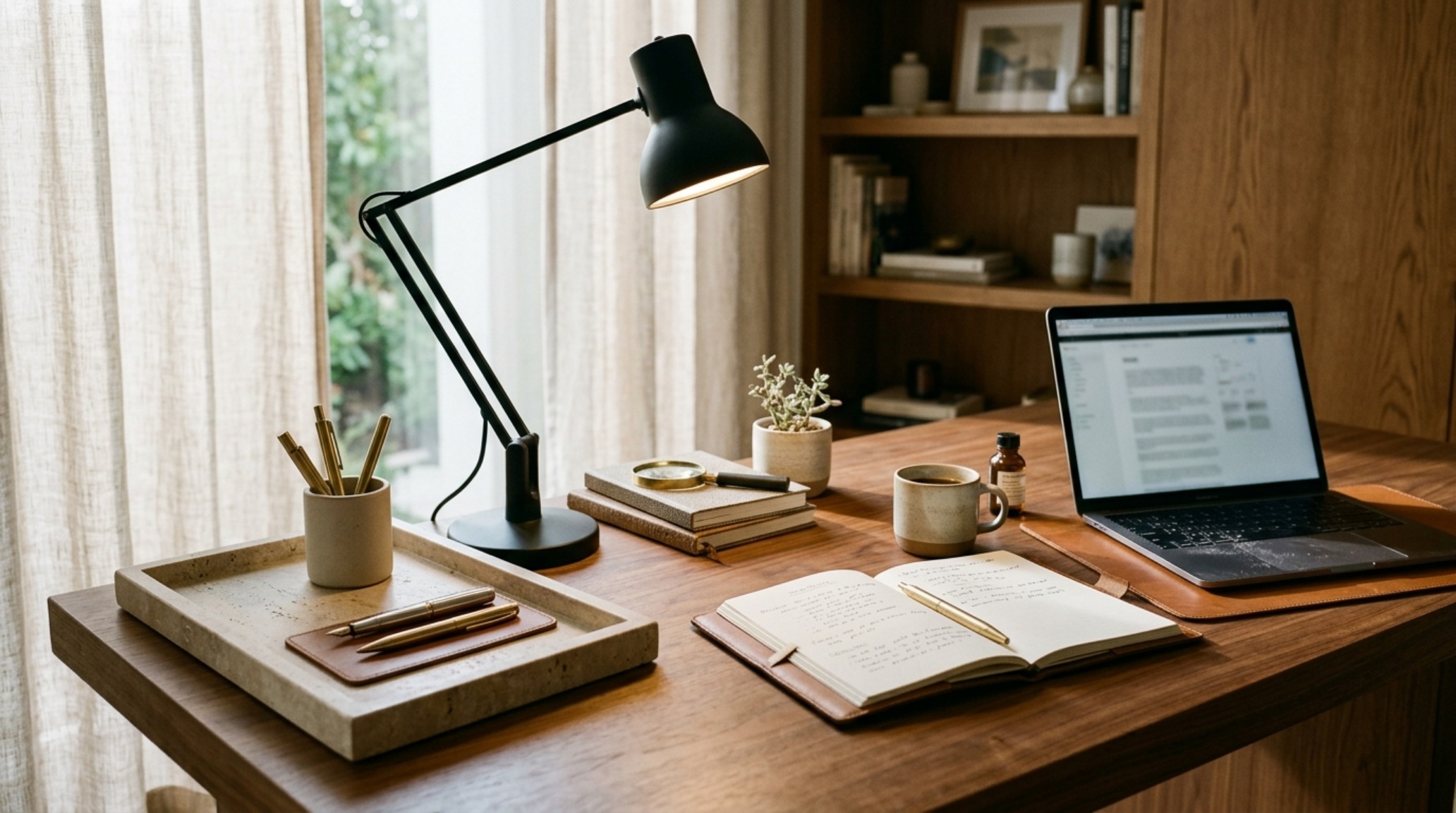 Aesthetic office decor and organization featuring a honed travertine desk tray with brass accessories and a matte black task lamp on a white oak surface. Aesthetic office decor and organization featuring a honed travertine desk tray with brass accessories and a matte black task lamp on a white oak surface.