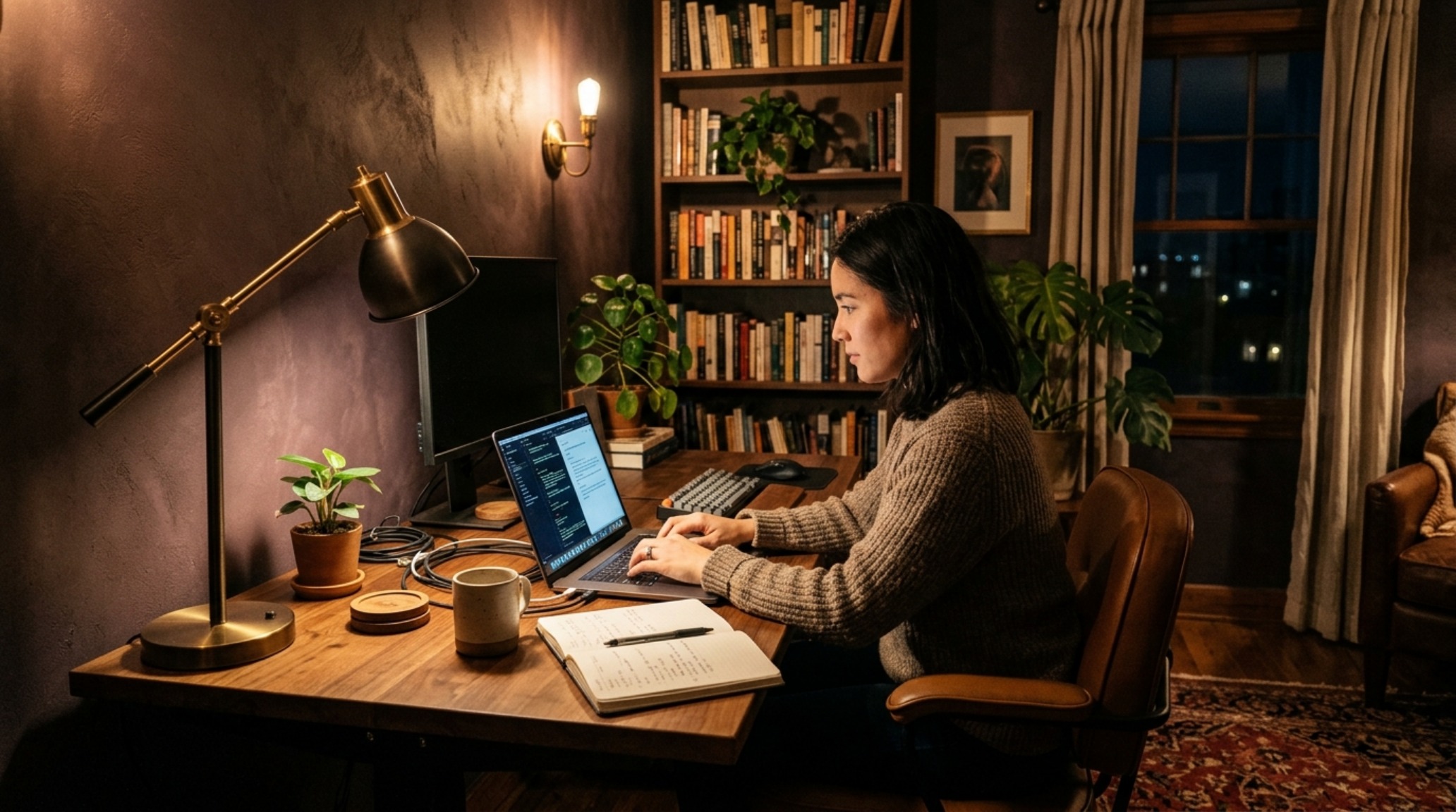 Productive home office setup featuring a 2700K ambient glow from a sculptural plaster sconce paired with 3000K task lighting for optimal focus. Productive home office setup featuring a 2700K ambient glow from a sculptural plaster sconce paired with 3000K task lighting for optimal focus.