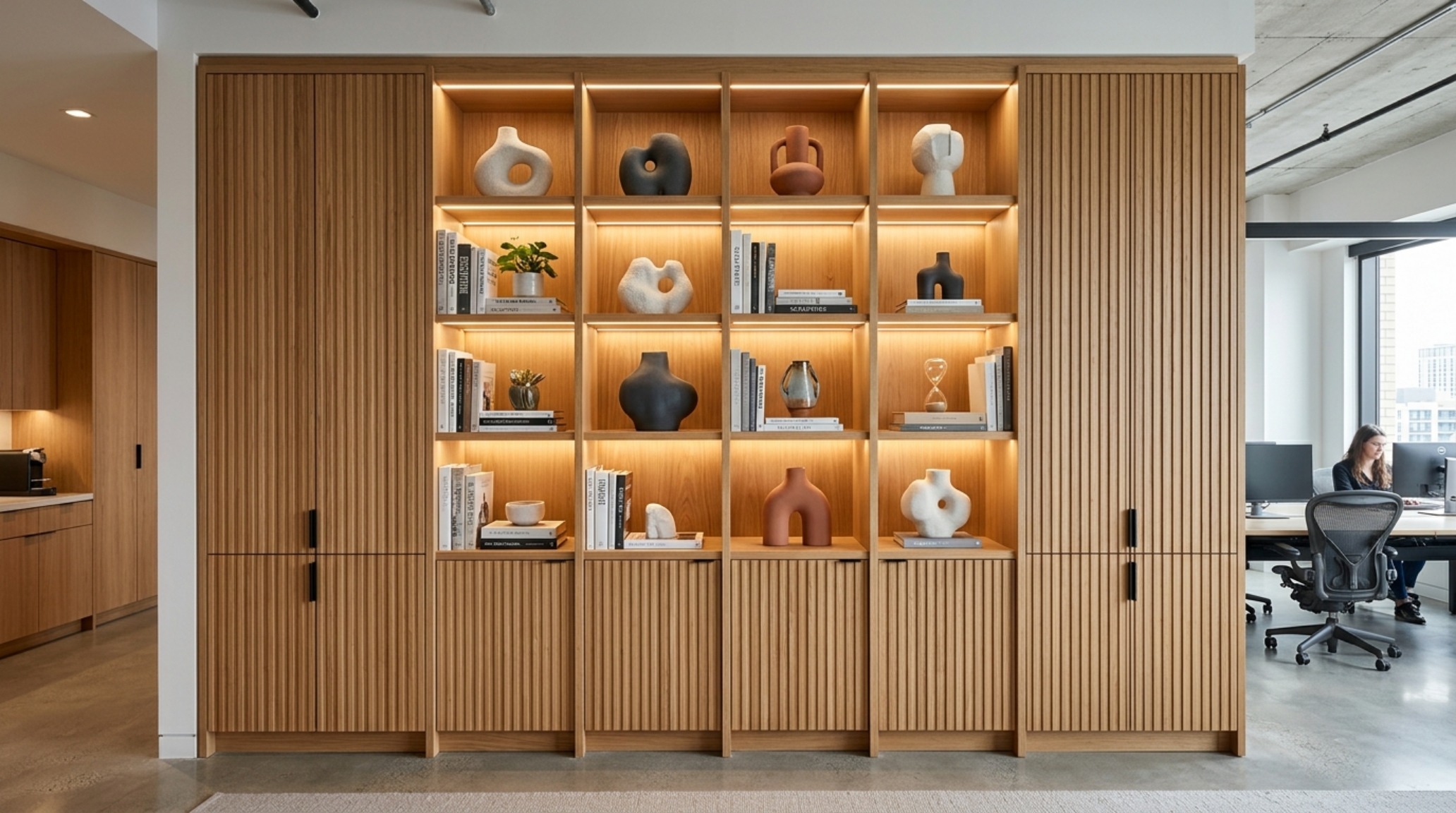 Vertical office storage ideas showcasing floor-to-ceiling fluted white oak cabinetry with integrated warm LED strip lighting and minimalist sculptural objects. Vertical office storage ideas showcasing floor-to-ceiling fluted white oak cabinetry with integrated warm LED strip lighting and minimalist sculptural objects.