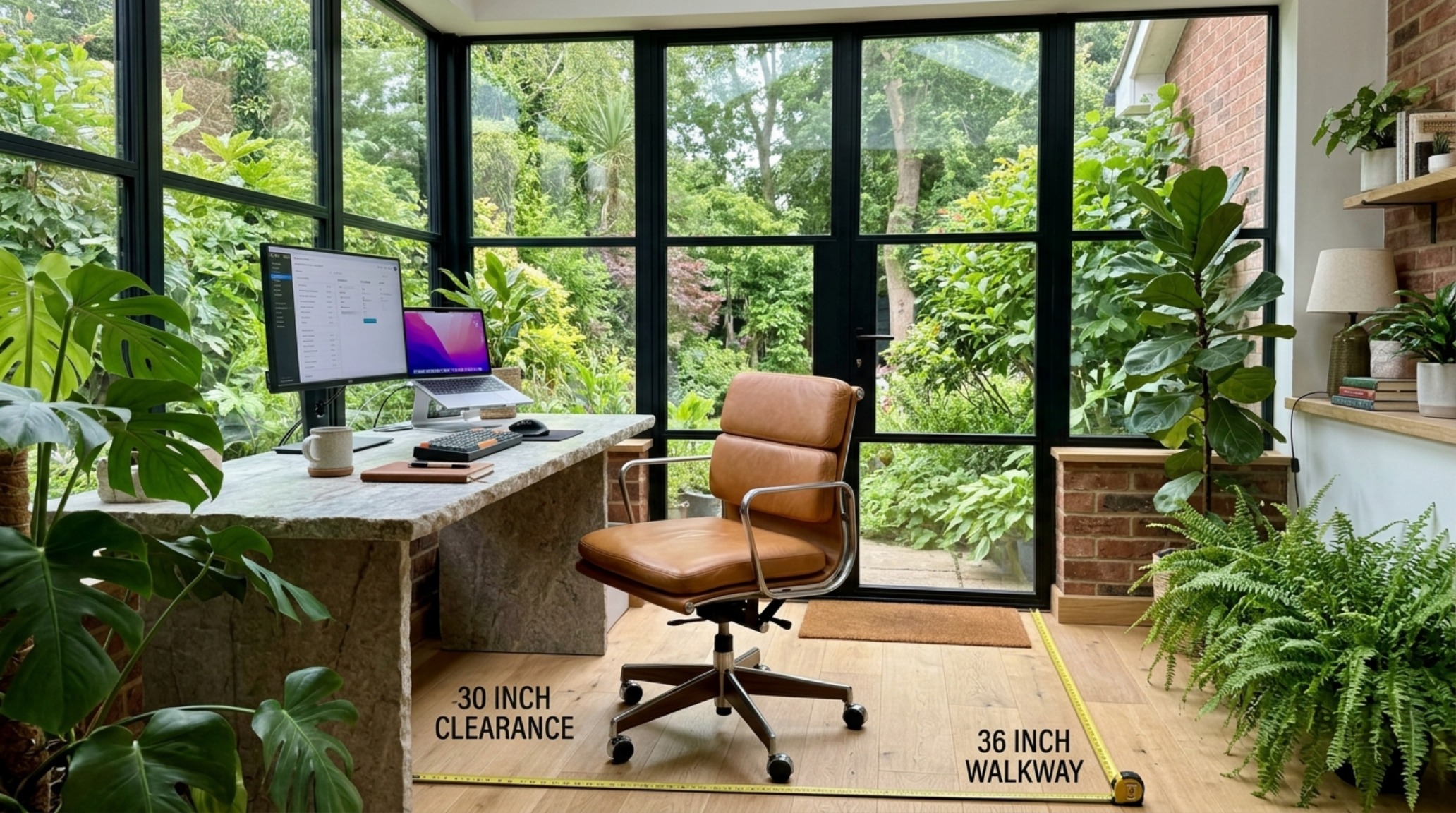 Productive home office setup with an ergonomic leather chair, 36-inch walkway clearance, and a view of a lush garden through a steel-framed window. Productive home office setup with an ergonomic leather chair, 36-inch walkway clearance, and a view of a lush garden through a steel-framed window.