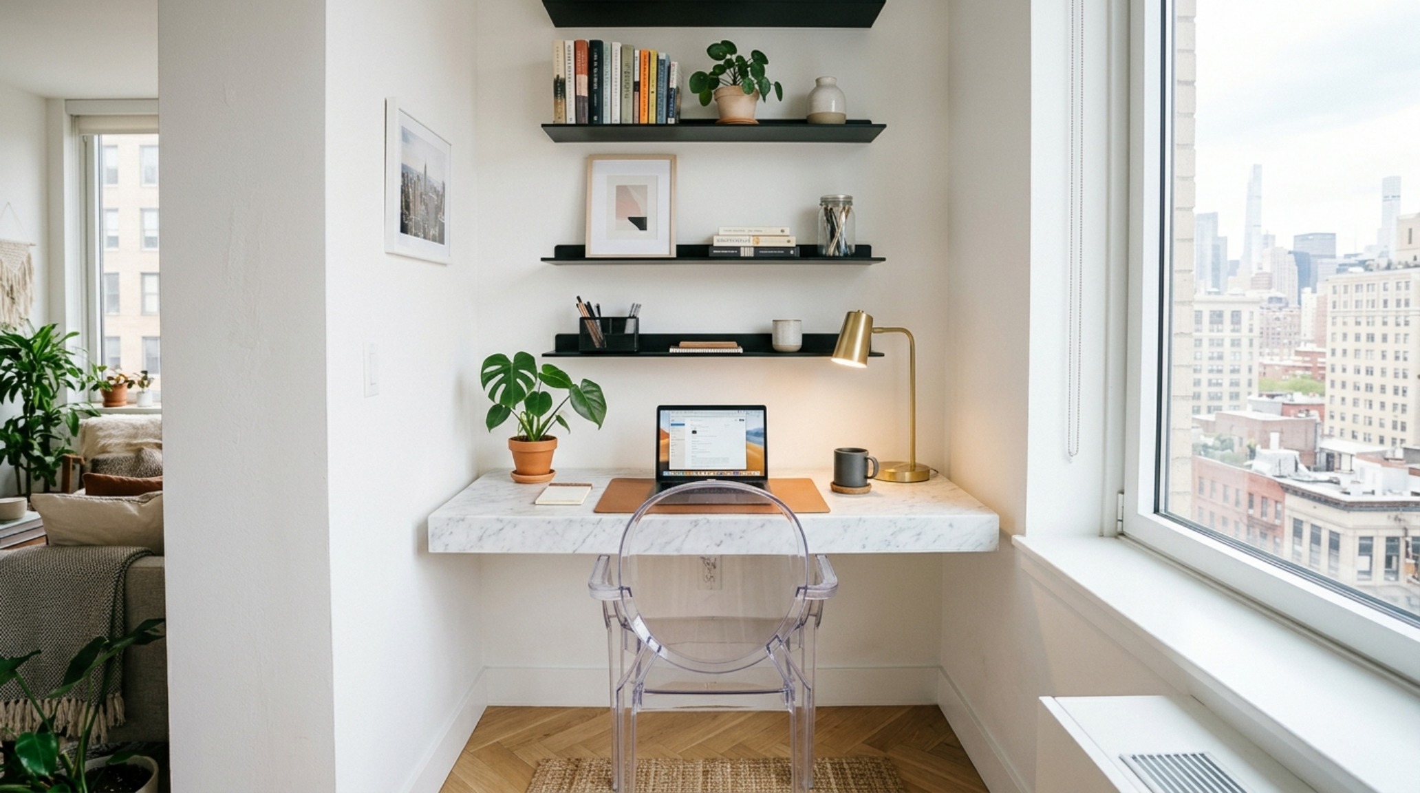 Small home office organization in a bedroom corner using an acrylic ghost chair and a floating marble desk to preserve sightlines and floor space. Small home office organization in a bedroom corner using an acrylic ghost chair and a floating marble desk to preserve sightlines and floor space.