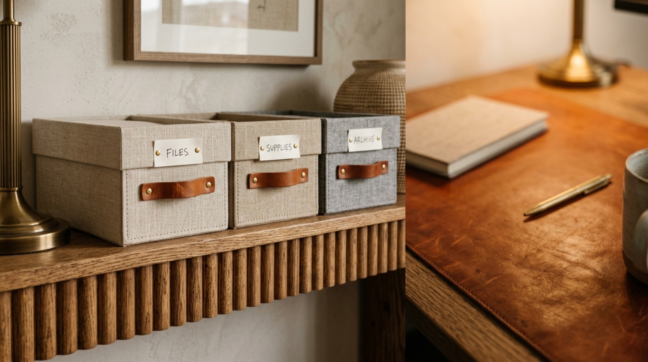 Aesthetic office decor and organization utilizing linen-wrapped storage boxes and a cognac leather desk mat for a tactile, layered sensory experience. Aesthetic office decor and organization utilizing linen-wrapped storage boxes and a cognac leather desk mat for a tactile, layered sensory experience.