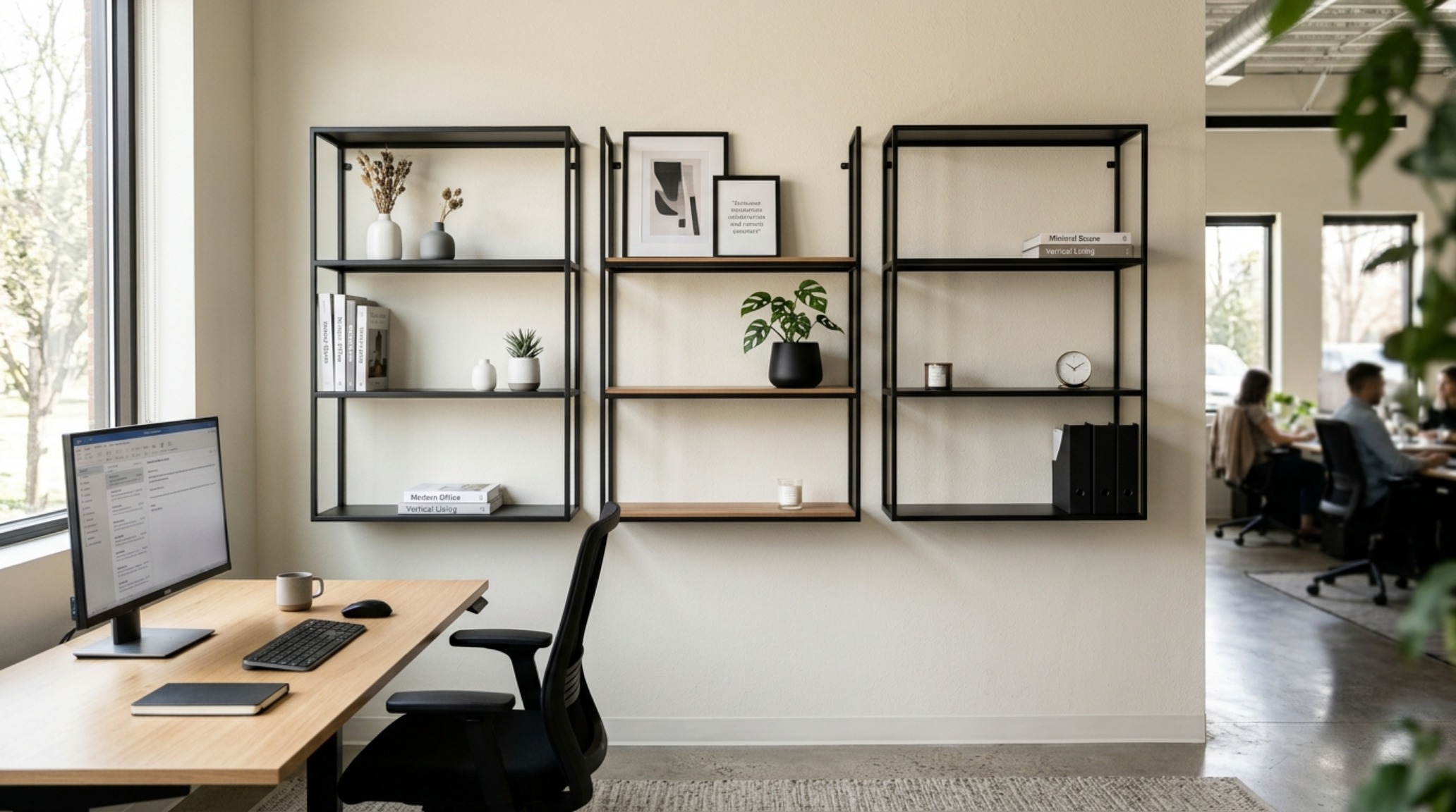 Vertical office storage ideas including floating black metal shelves styled with the rule of thirds against a Benjamin Moore Swiss Coffee wall. Vertical office storage ideas including floating black metal shelves styled with the rule of thirds against a Benjamin Moore Swiss Coffee wall.