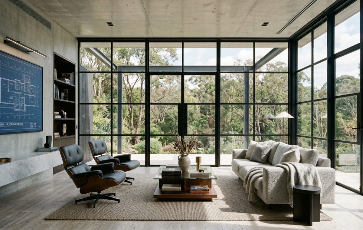 steel and glass home blueprints featuring ultra-slim Crittall-style matte black frames in a sun-drenched living area with honed travertine floors