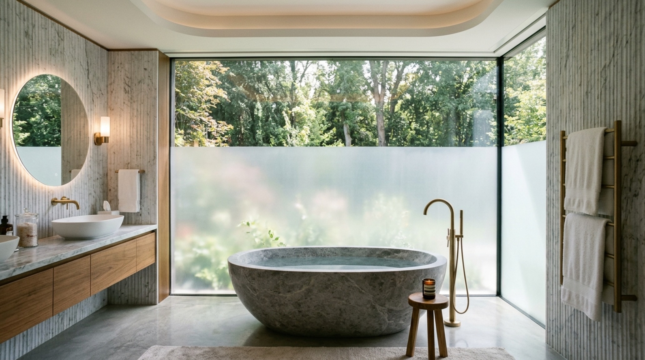 privacy solutions for glass houses using integrated switchable smart glass in a spa-like bathroom with fluted stone walls