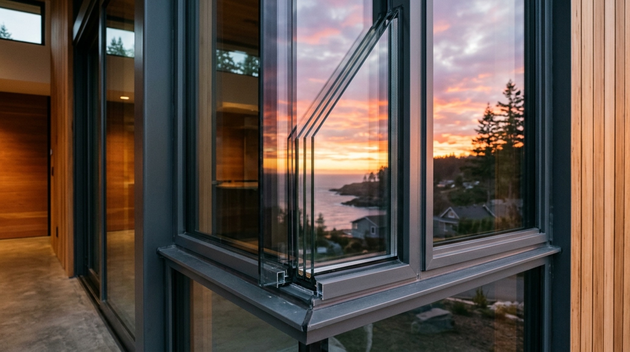 energy-efficient residential glazing with triple-pane low-E glass in a double-height architectural volume overlooking a mountain landscape
