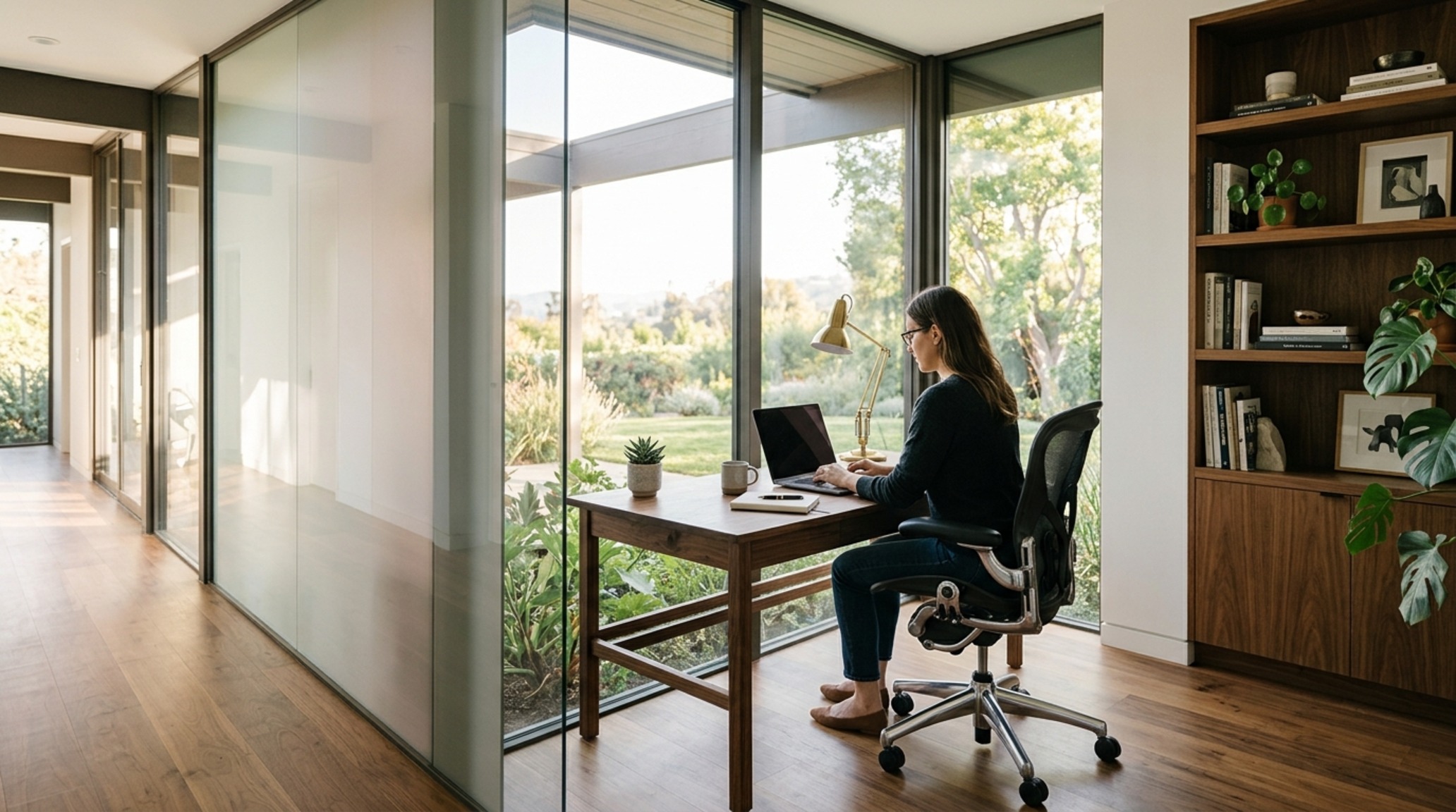 smart glass technology in home design showcasing automated solar tinting in a high-tech home office with walnut built-ins