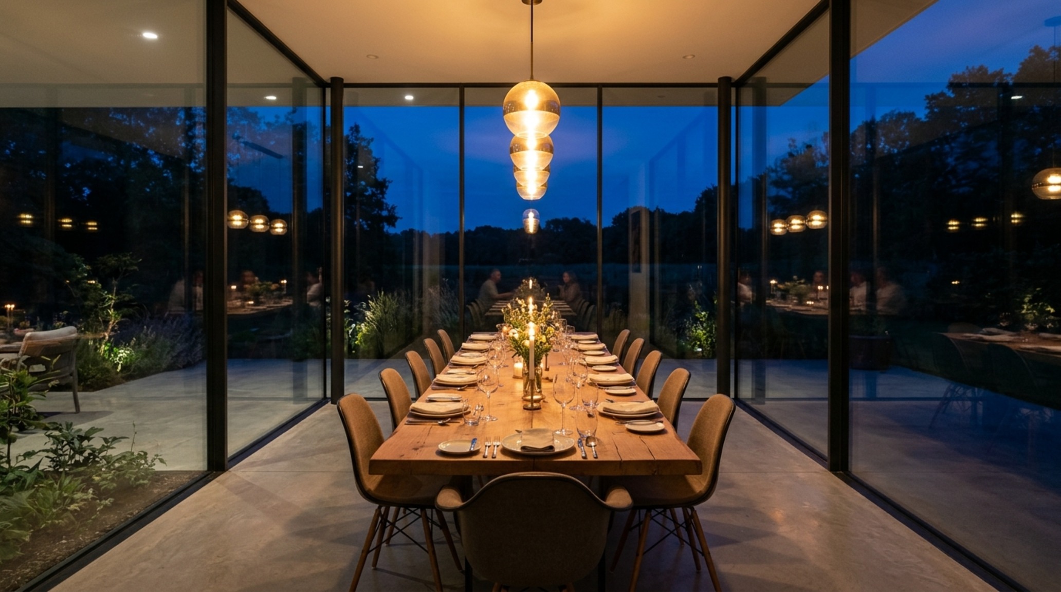 floor-to-ceiling glass house floor plans displaying a glass-enclosed dining pavilion with 30-inch chair clearances and warm 2700K lighting