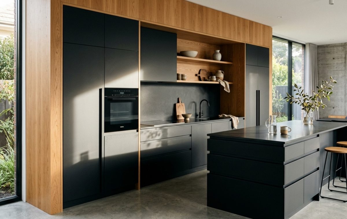 integrated handleless cabinetry featuring a minimalist J-pull profile in matte black with seamless alignment and natural oak accents