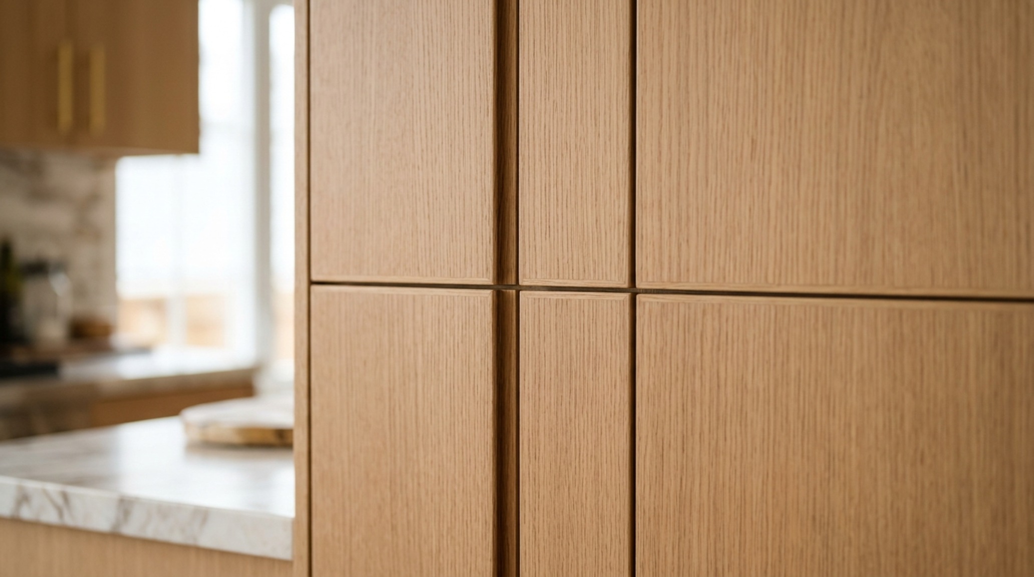 frameless cabinet construction showcasing precise 1/8-inch reveals and rift-sawn white oak slab doors in a light-filled modern kitchen