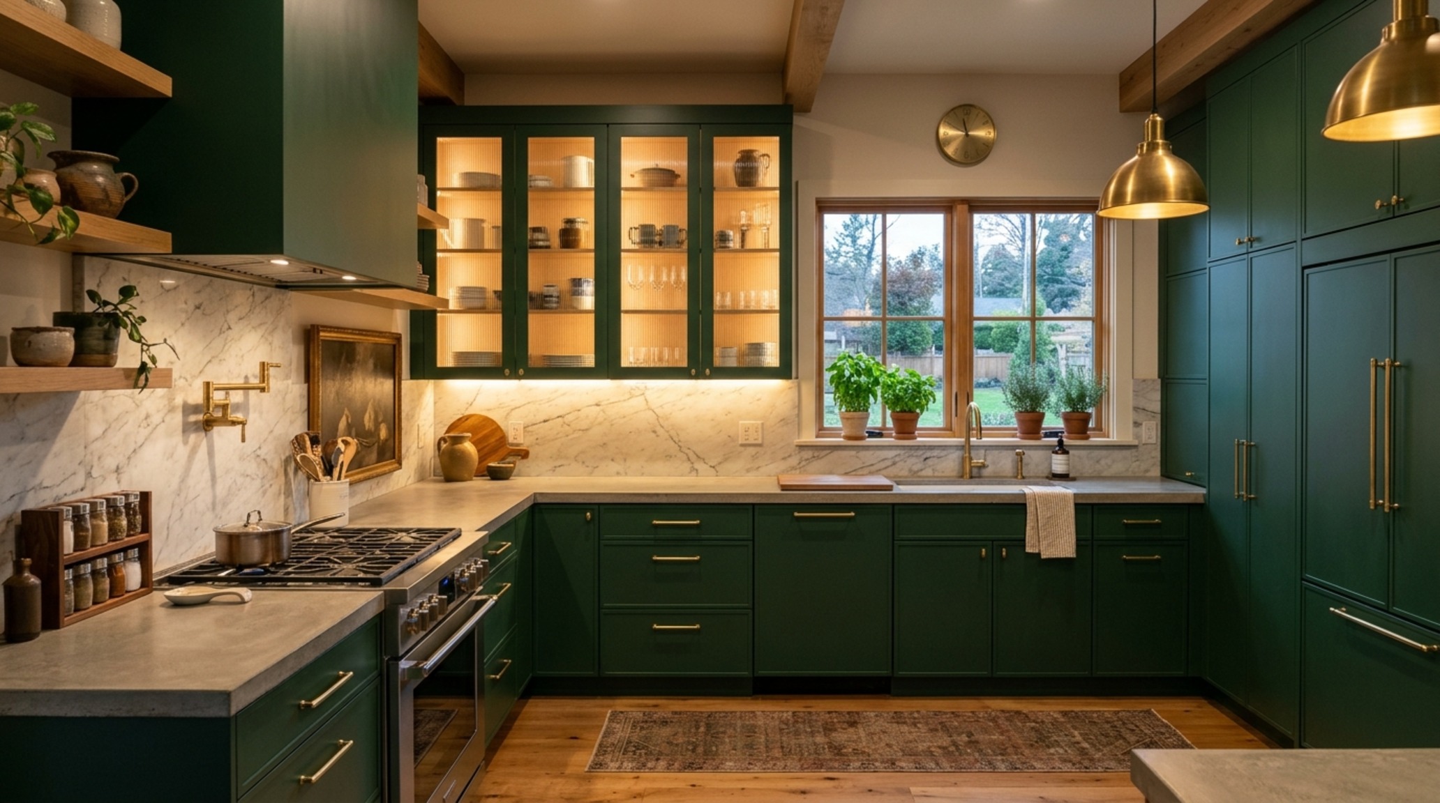 matte finish kitchen cabinets in a deep forest green hue paired with reeded glass inserts and warm under-cabinet 2700K lighting