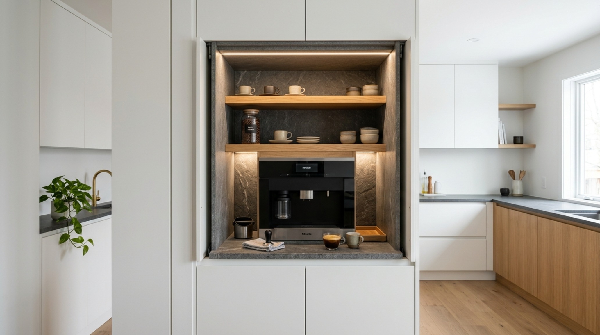 appliance garage design with pocket doors concealing a high-end coffee station and integrated shelving in a minimalist apartment