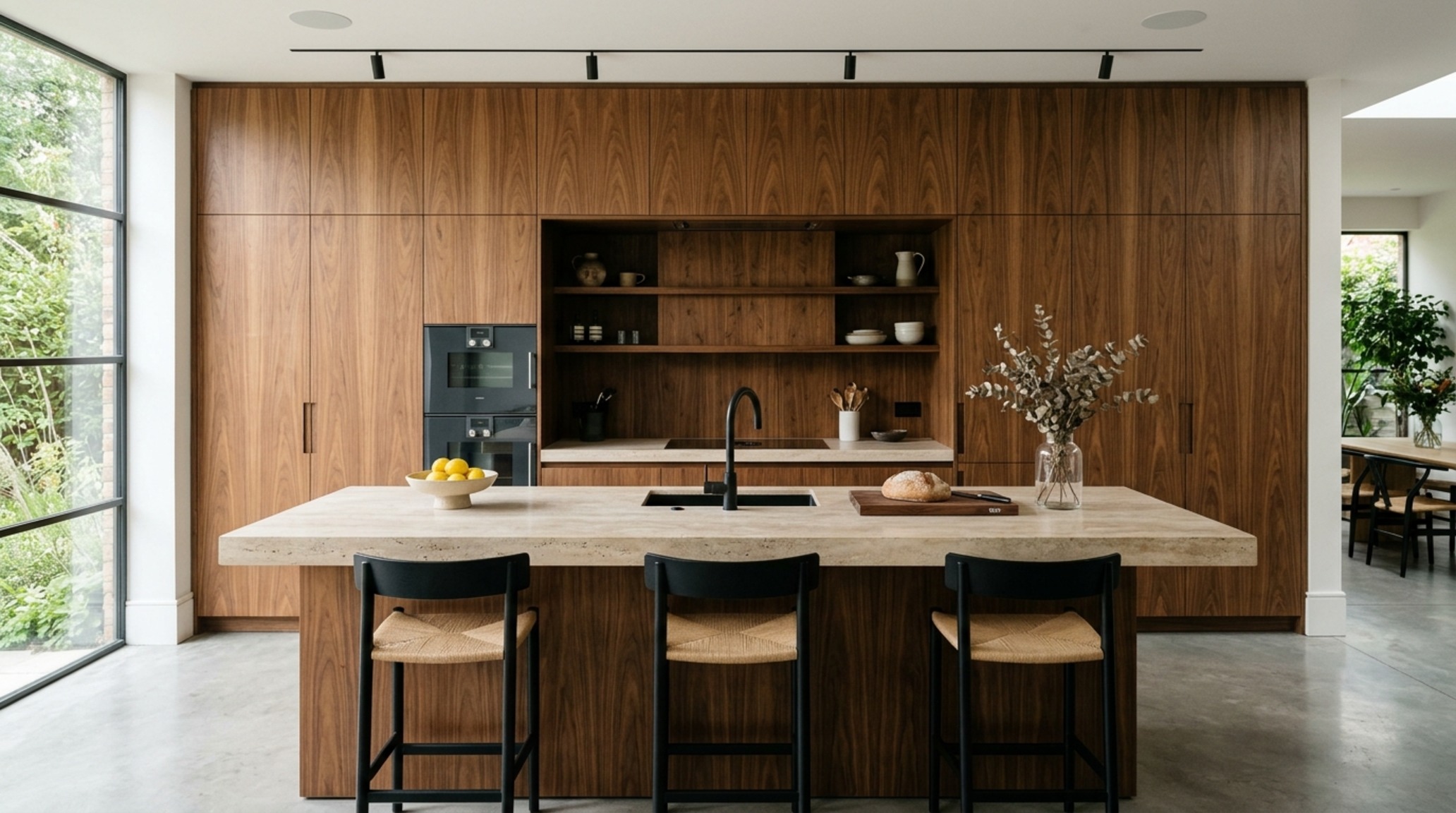 slab door kitchen trends utilizing book-matched walnut veneers and honed travertine countertops for a grounded, organic atmosphere