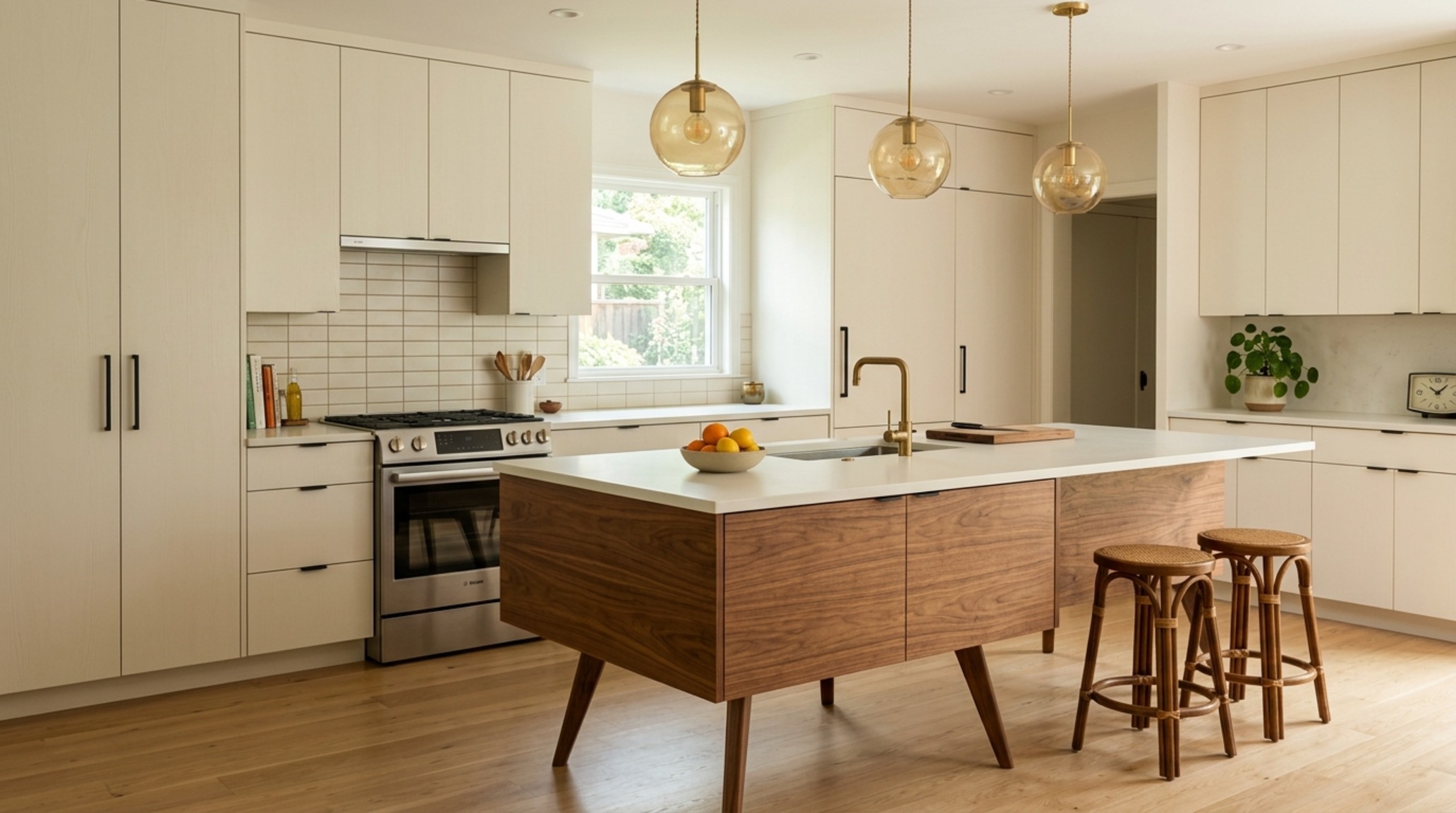 mid-century modern kitchen ideas featuring a floating island with tapered legs, walnut cabinetry, and a clean white quartz waterfall edge