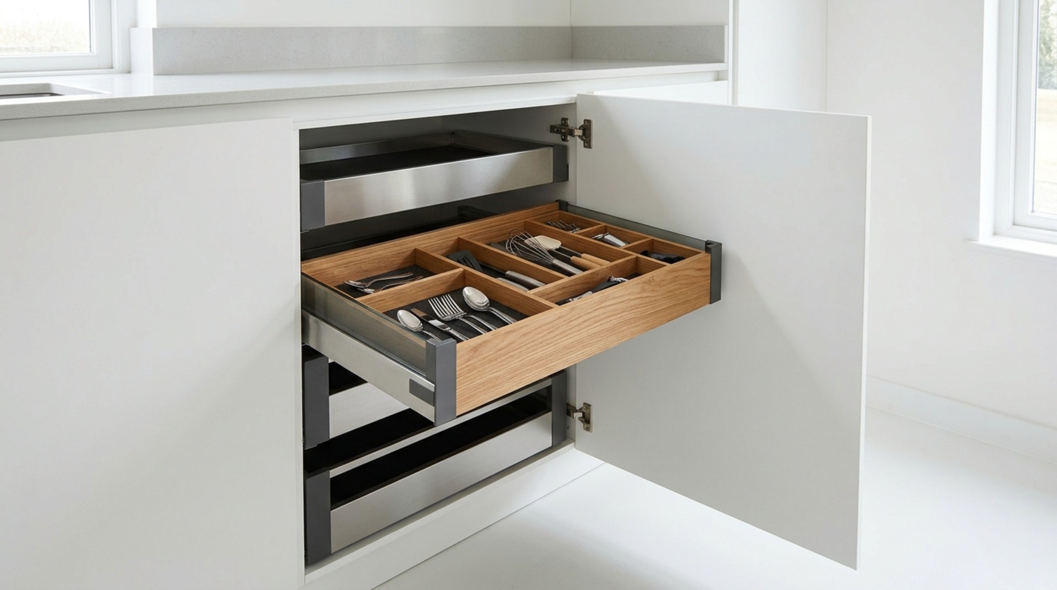 frameless cabinet construction highlighting the internal organization of deep drawers and a pull-out pantry system in a modern layout