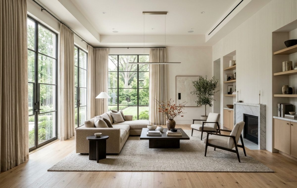 luxury curtain designs for windows textures featuring heavy oatmeal Belgian linen panels with a crisp 'hover' hem in a sun-drenched living room.